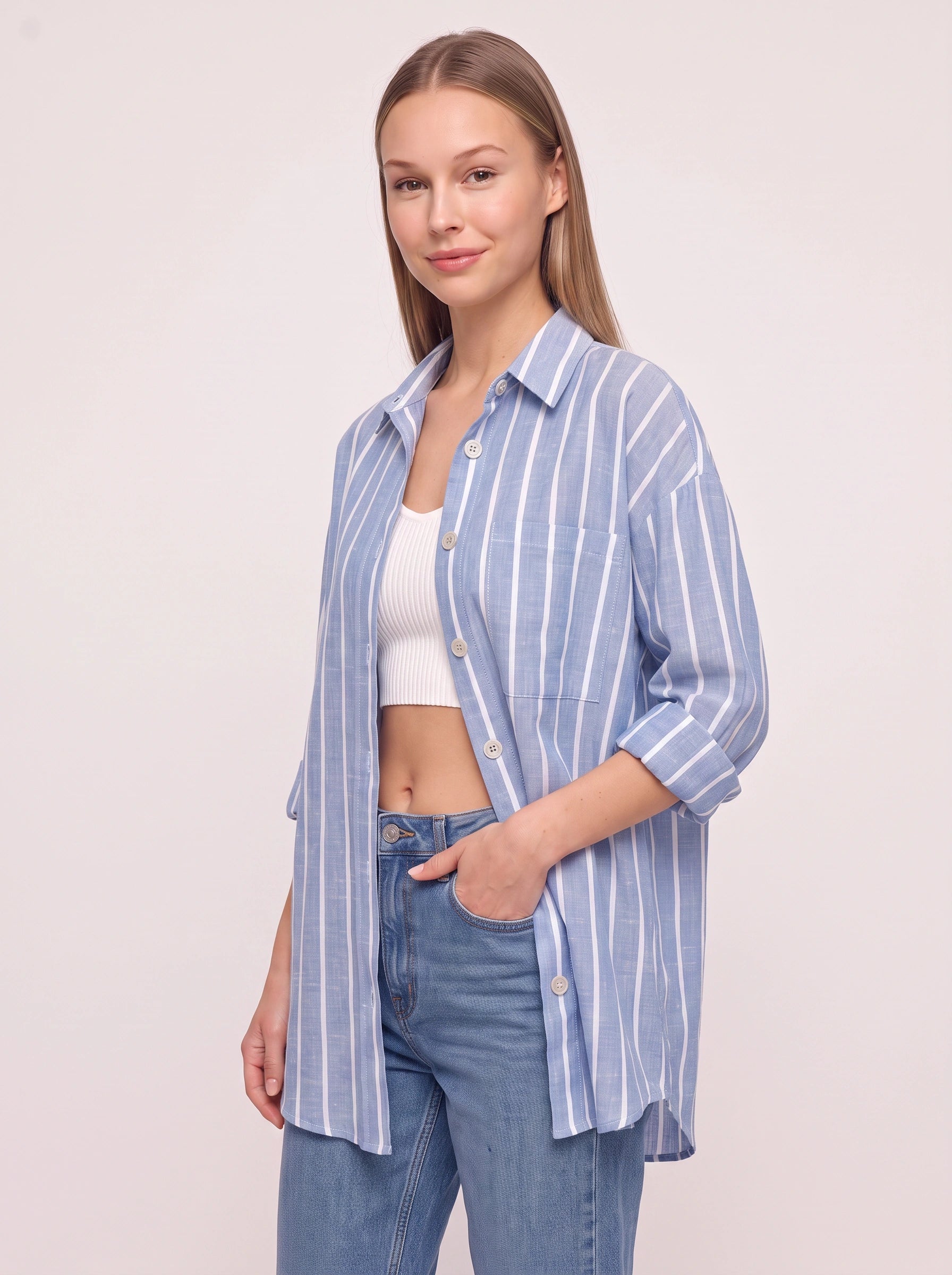 Rigatto Oversized Button-Down Shirt – Striped Women Casual Boyfriend Longline Collared Button Up Shirt
