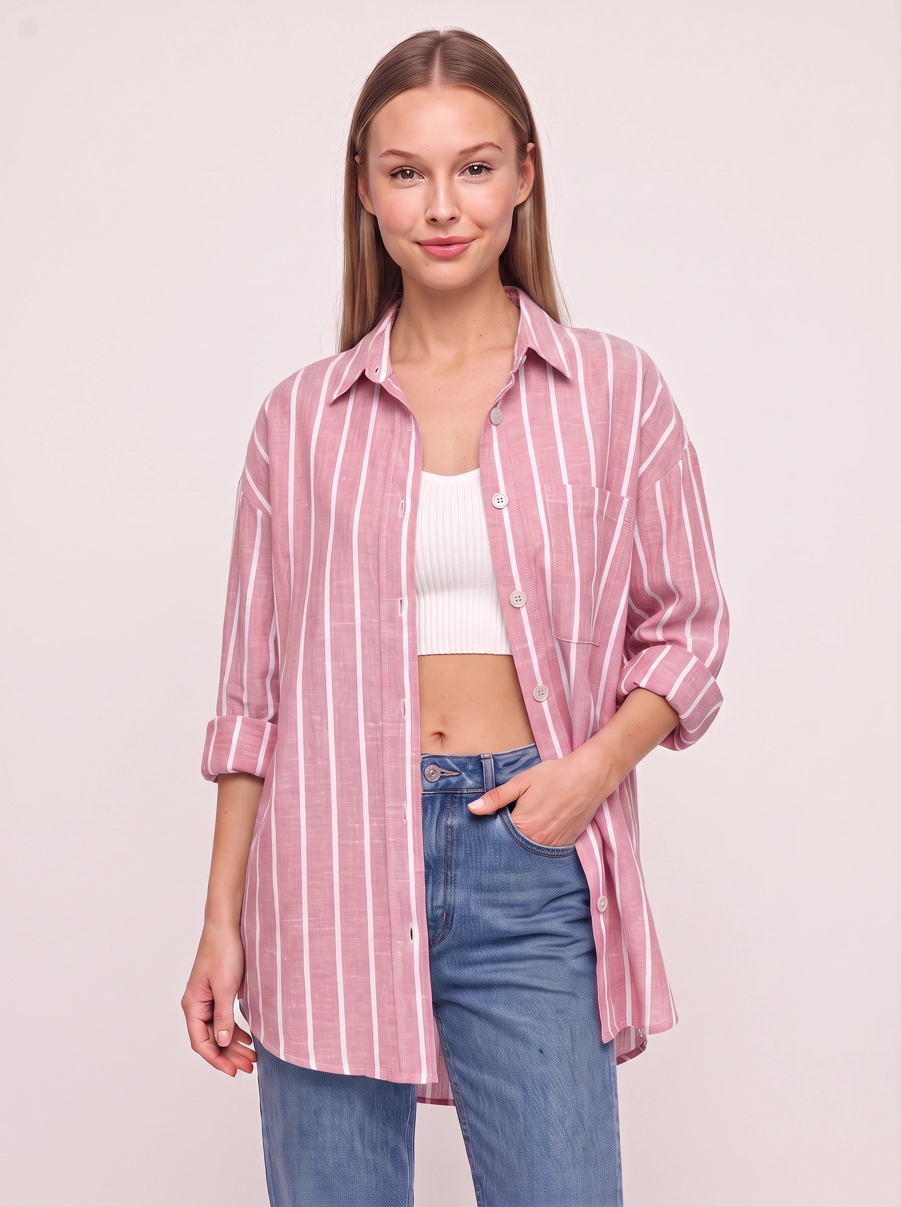 Rigatto Oversized Button-Down Shirt – Striped Women Casual Boyfriend Longline Collared Button Up Shirt