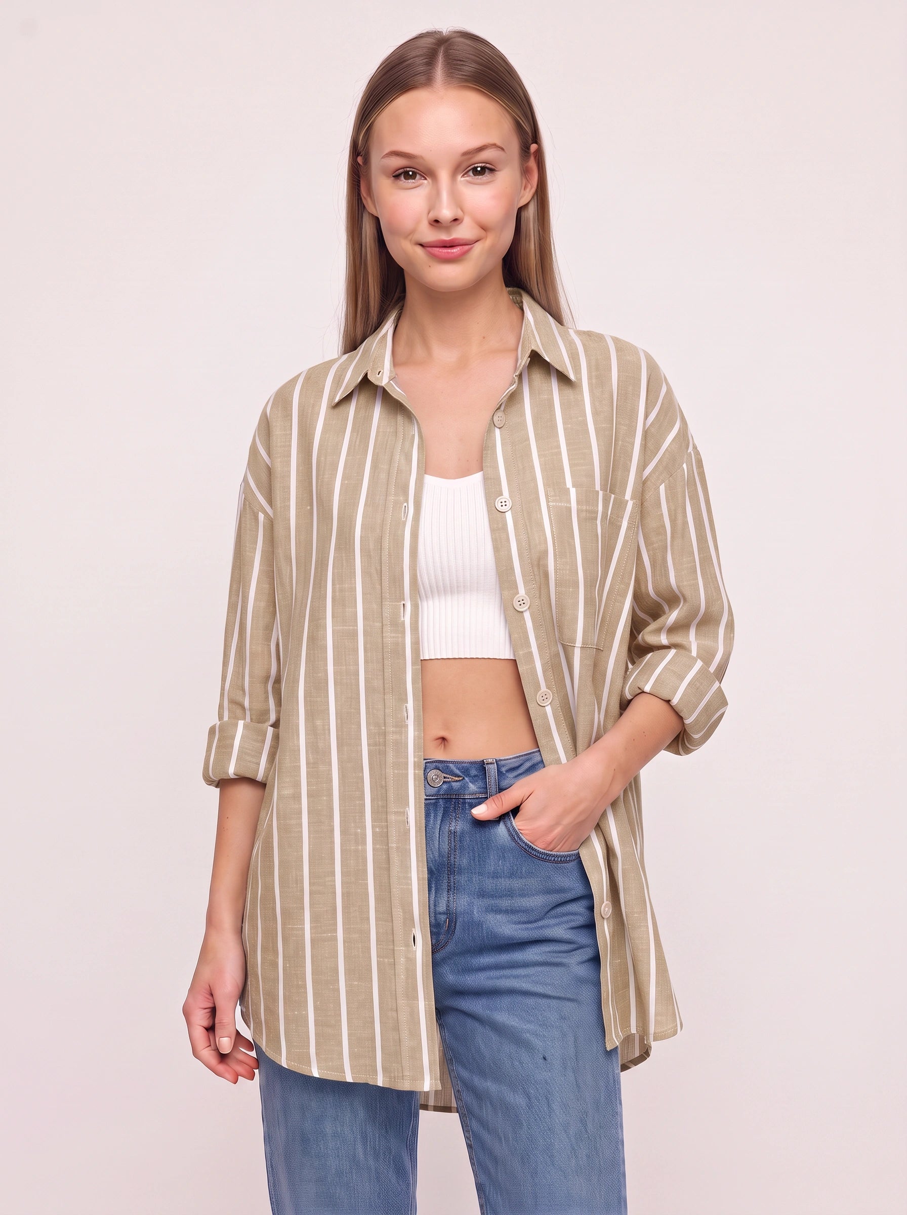 Rigatto Oversized Button-Down Shirt – Striped Women Casual Boyfriend Longline Collared Button Up Shirt
