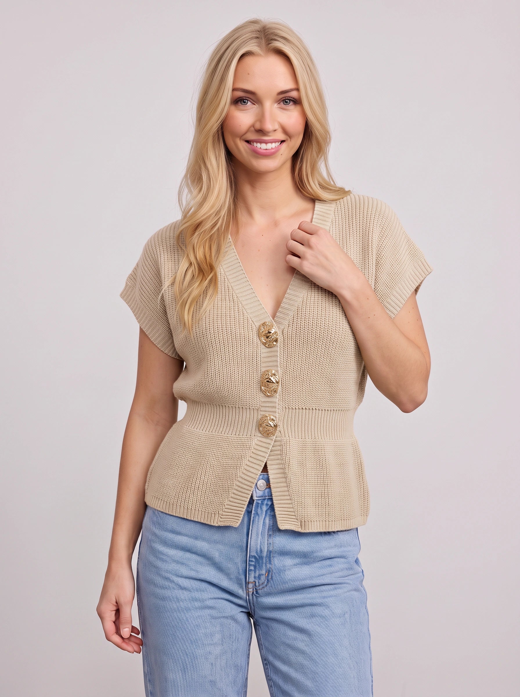 Ridgora Ribbed Knit Button Cardigan – Short Sleeve V-Neck Women Casual Lightweight Sweater Top