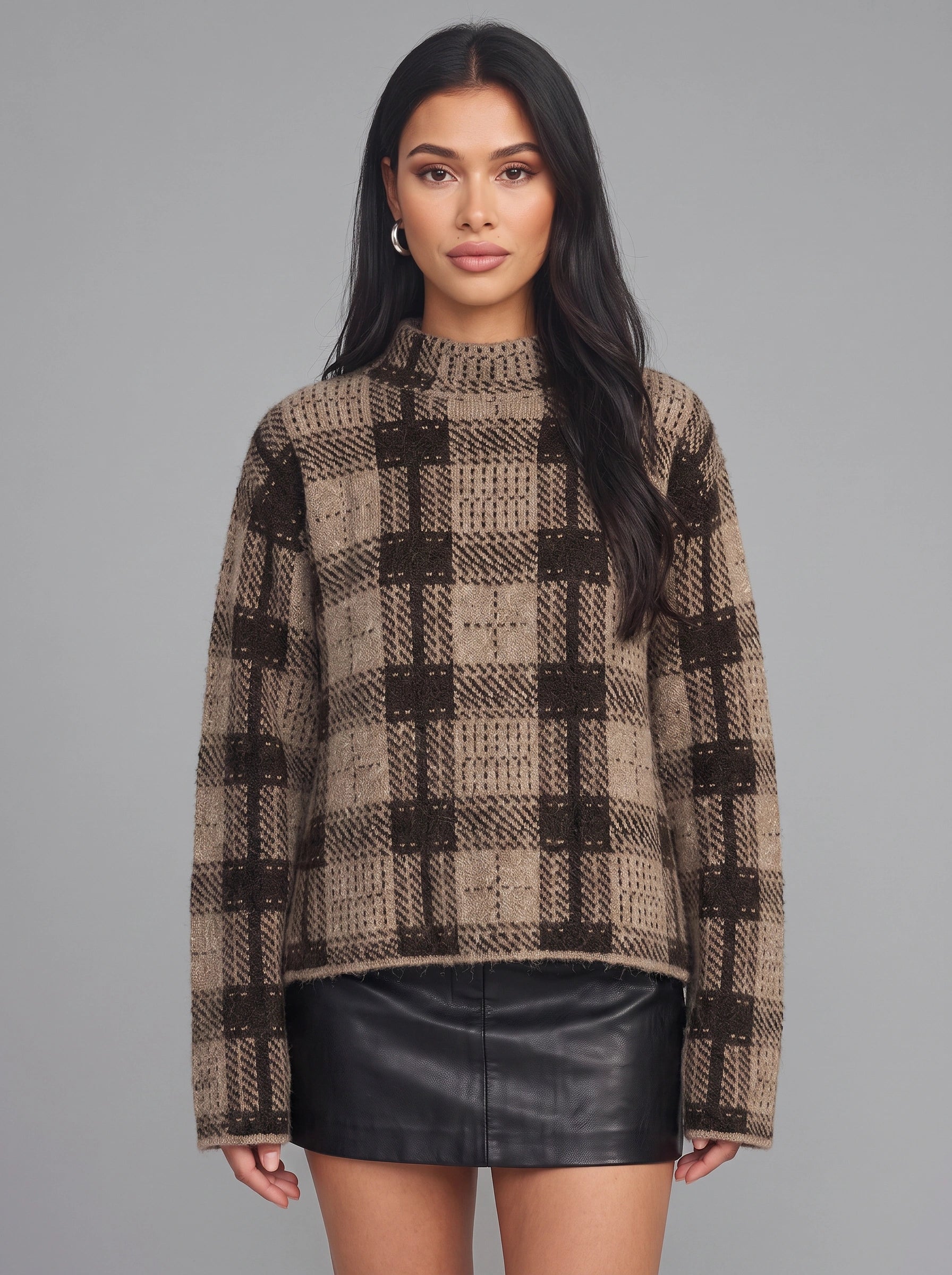 Quadrax Plaid Mock Neck Sweater – Checked Knit Pullover Women Winter Turtleneck Oversized Long Sleeve Top