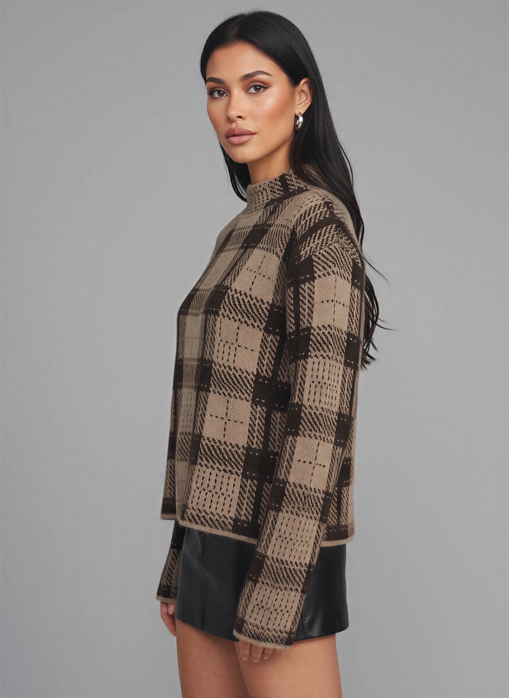 Quadrax Plaid Mock Neck Sweater – Checked Knit Pullover Women Winter Turtleneck Oversized Long Sleeve Top