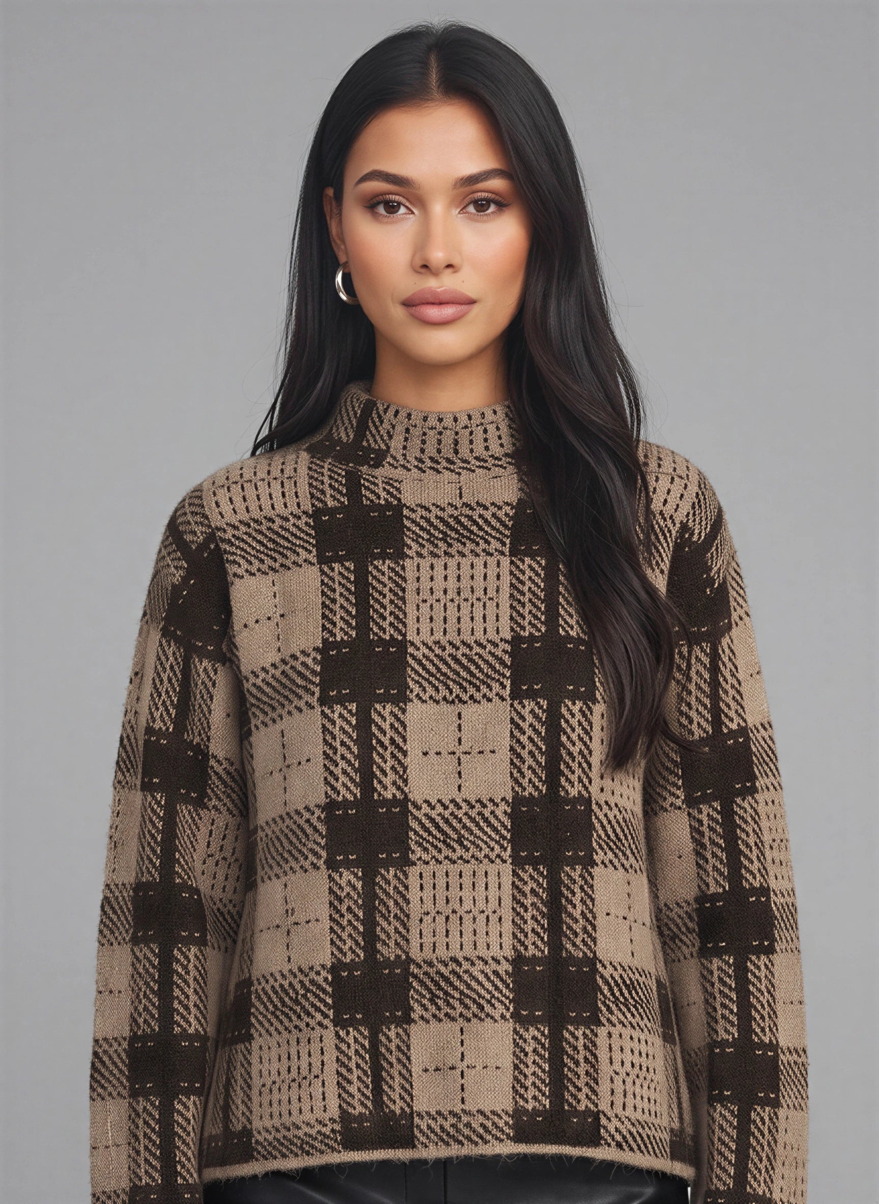 Quadrax Plaid Mock Neck Sweater – Checked Knit Pullover Women Winter Turtleneck Oversized Long Sleeve Top