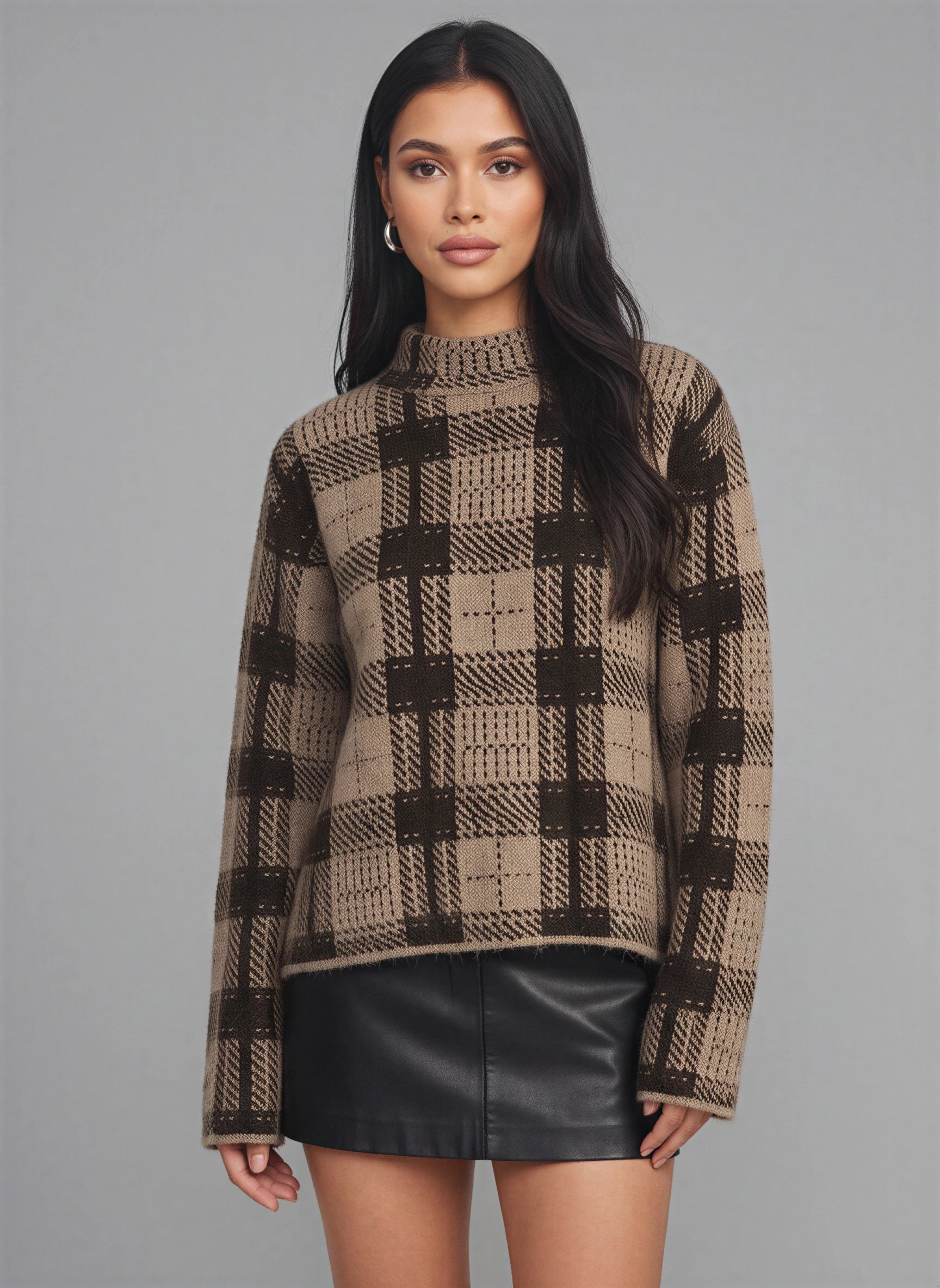 Quadrax Plaid Mock Neck Sweater – Checked Knit Pullover Women Winter Turtleneck Oversized Long Sleeve Top