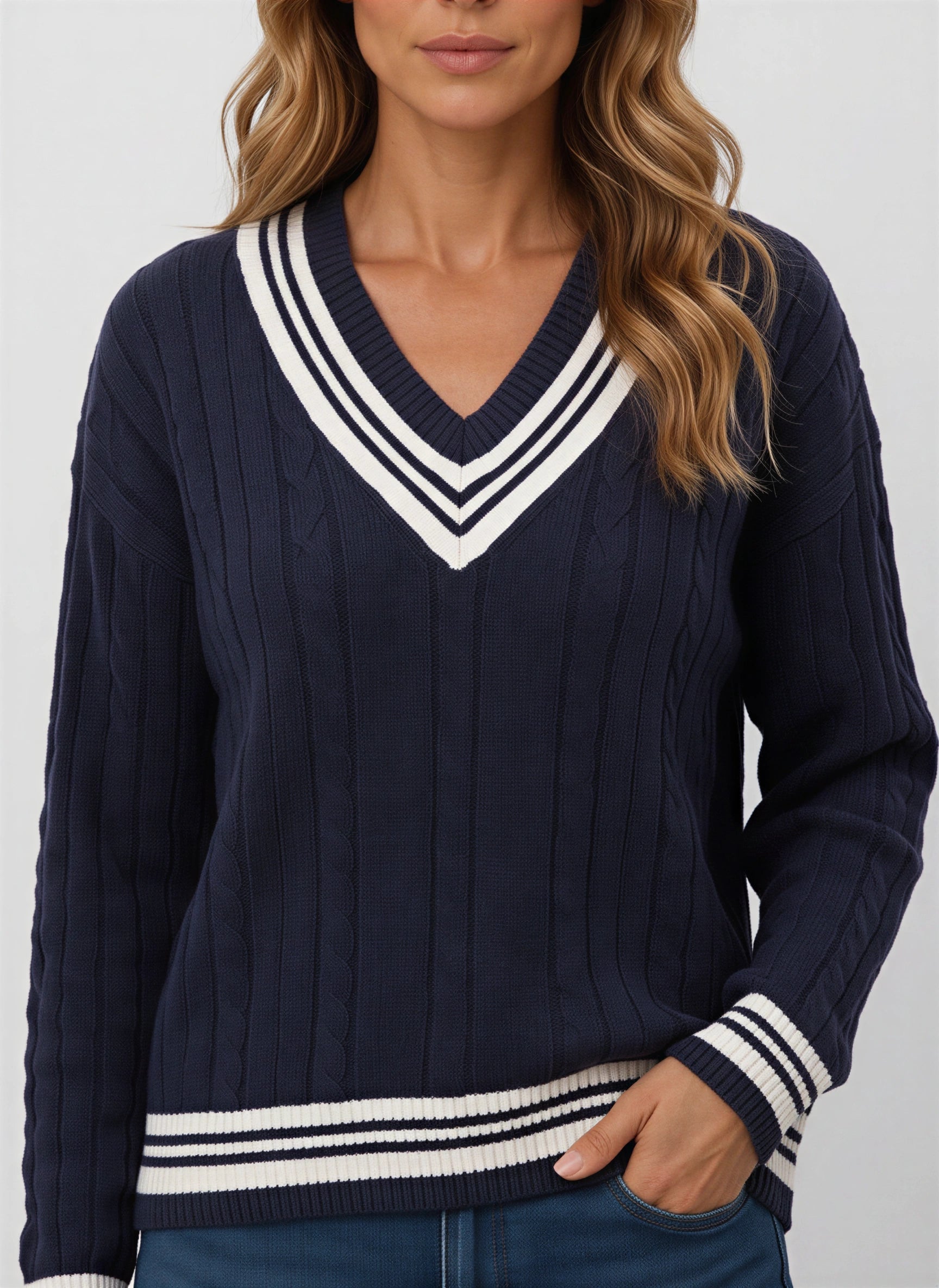 Varsette Cable Knit V-Neck Sweater – Women Preppy Striped Trim Pullover Knit Sweater