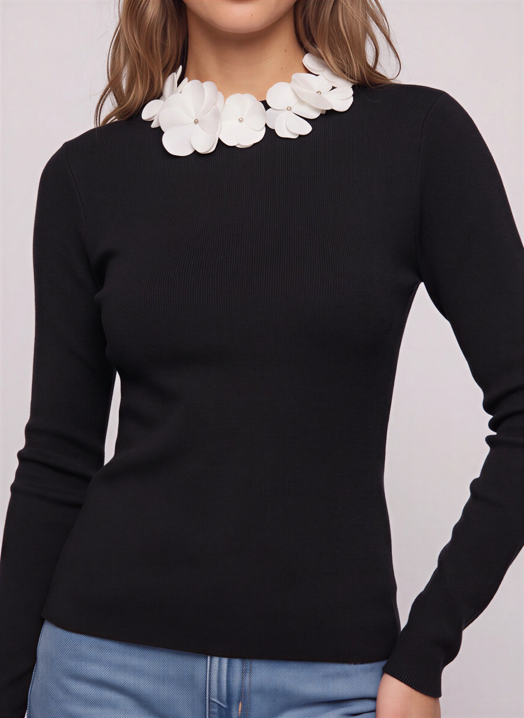 Petala Floral Collar Knit Top – Long Sleeve Ribbed Sweater Women Winter Smart Casual Fitted Top