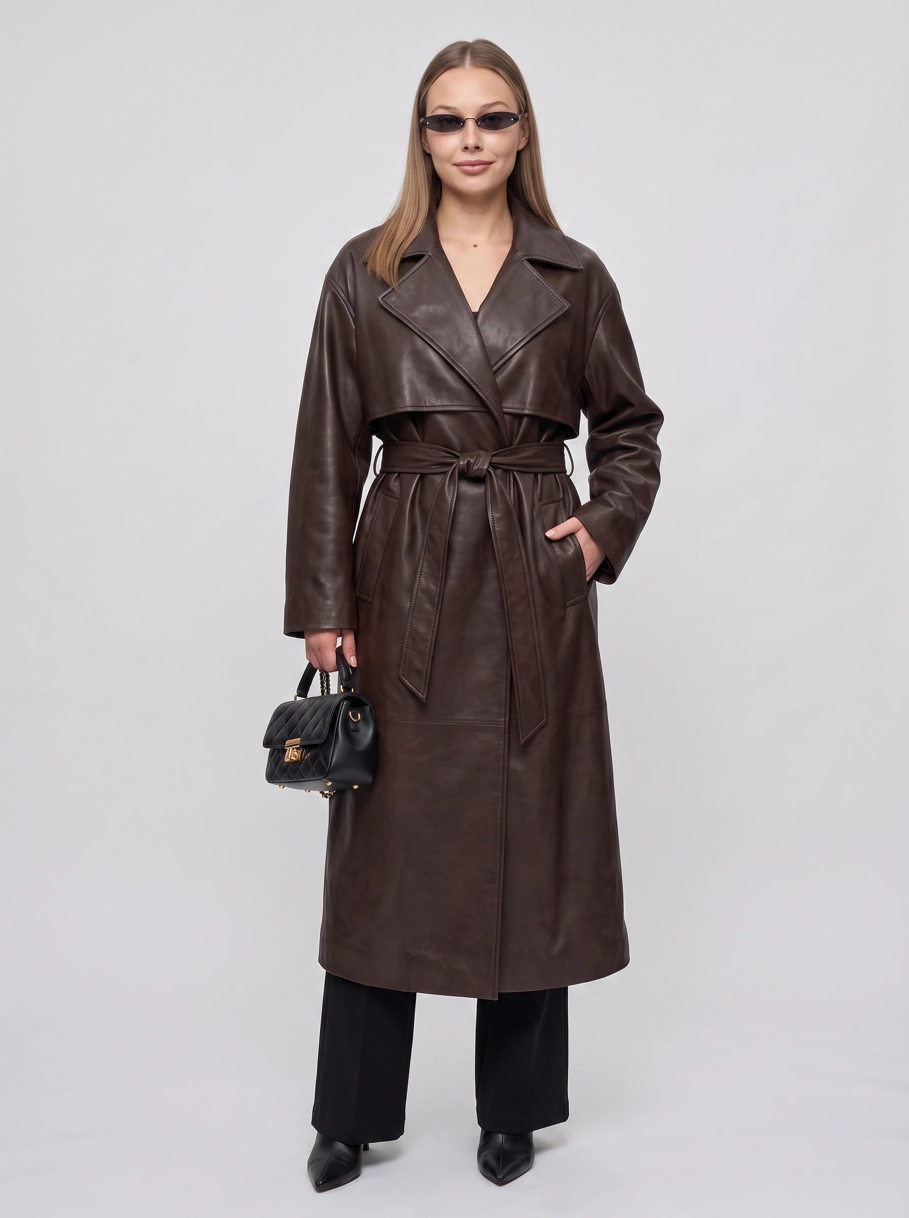 Cortenza Belted Trench Coat – Faux Leather Women Winter Oversized Longline Coat Belted Outerwear
