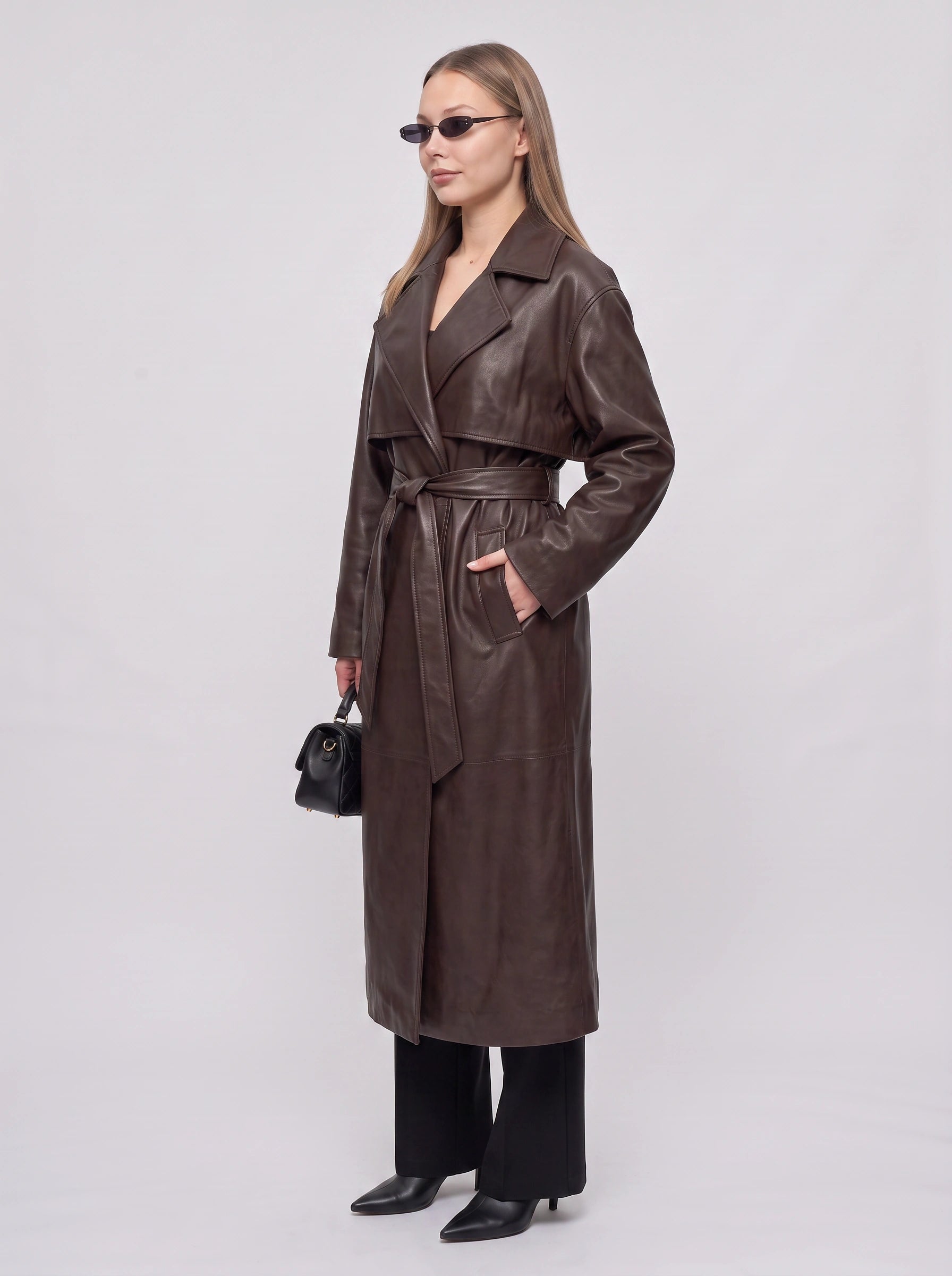 Cortenza Belted Trench Coat – Faux Leather Women Winter Oversized Longline Coat Belted Outerwear