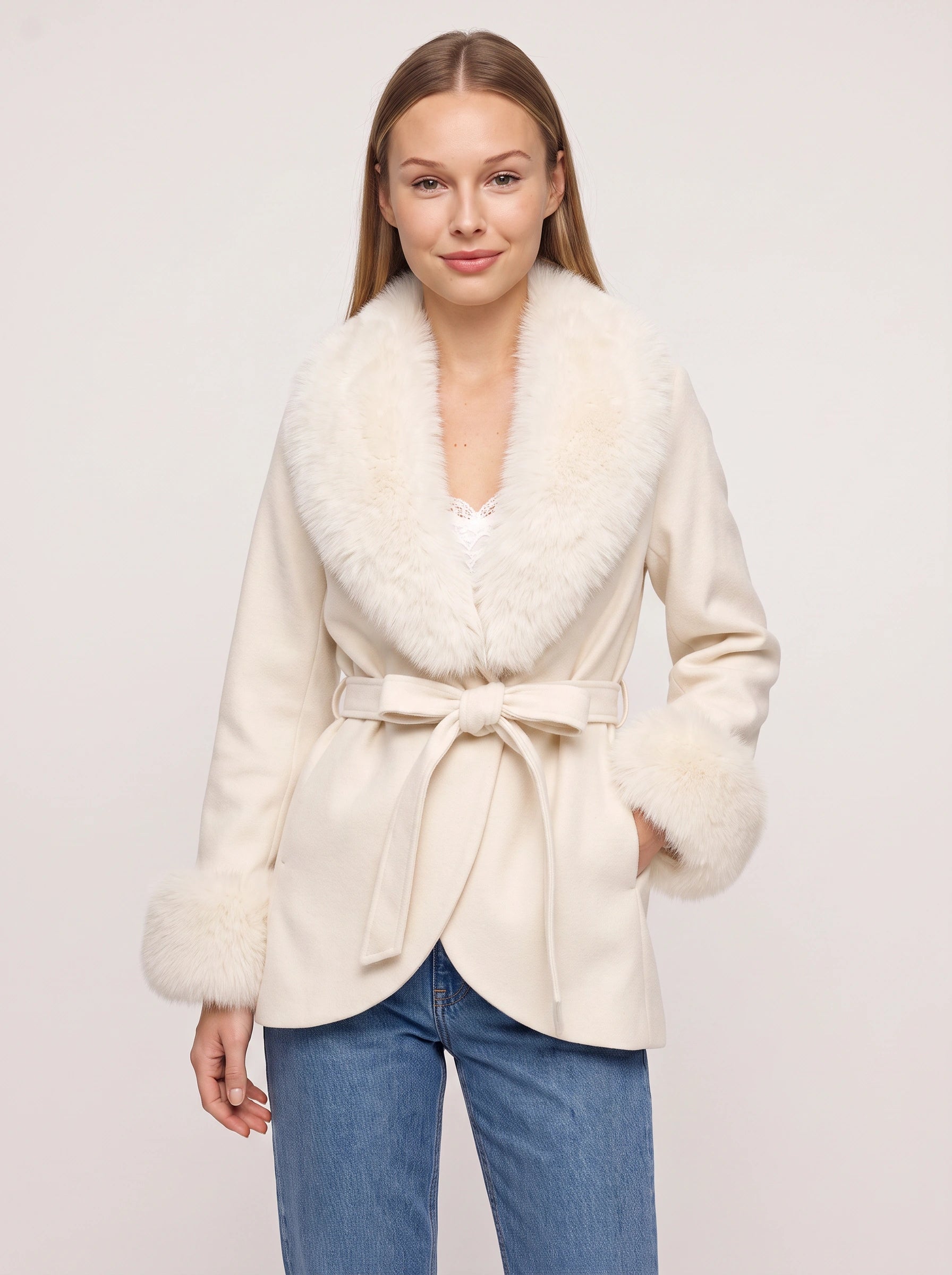 Ivorna Faux Fur Wrap Jacket – Women Winter Bridal Shawl Collar Belted Coat Evening Occasion Jacket