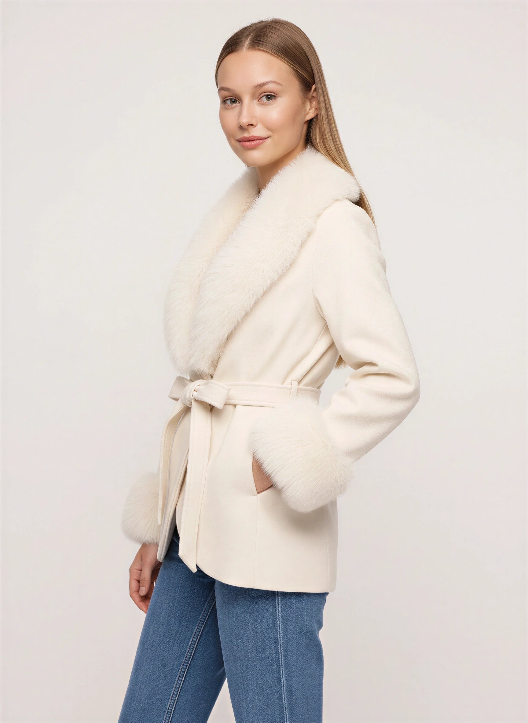 Ivorna Faux Fur Wrap Jacket – Women Winter Bridal Shawl Collar Belted Coat Evening Occasion Jacket