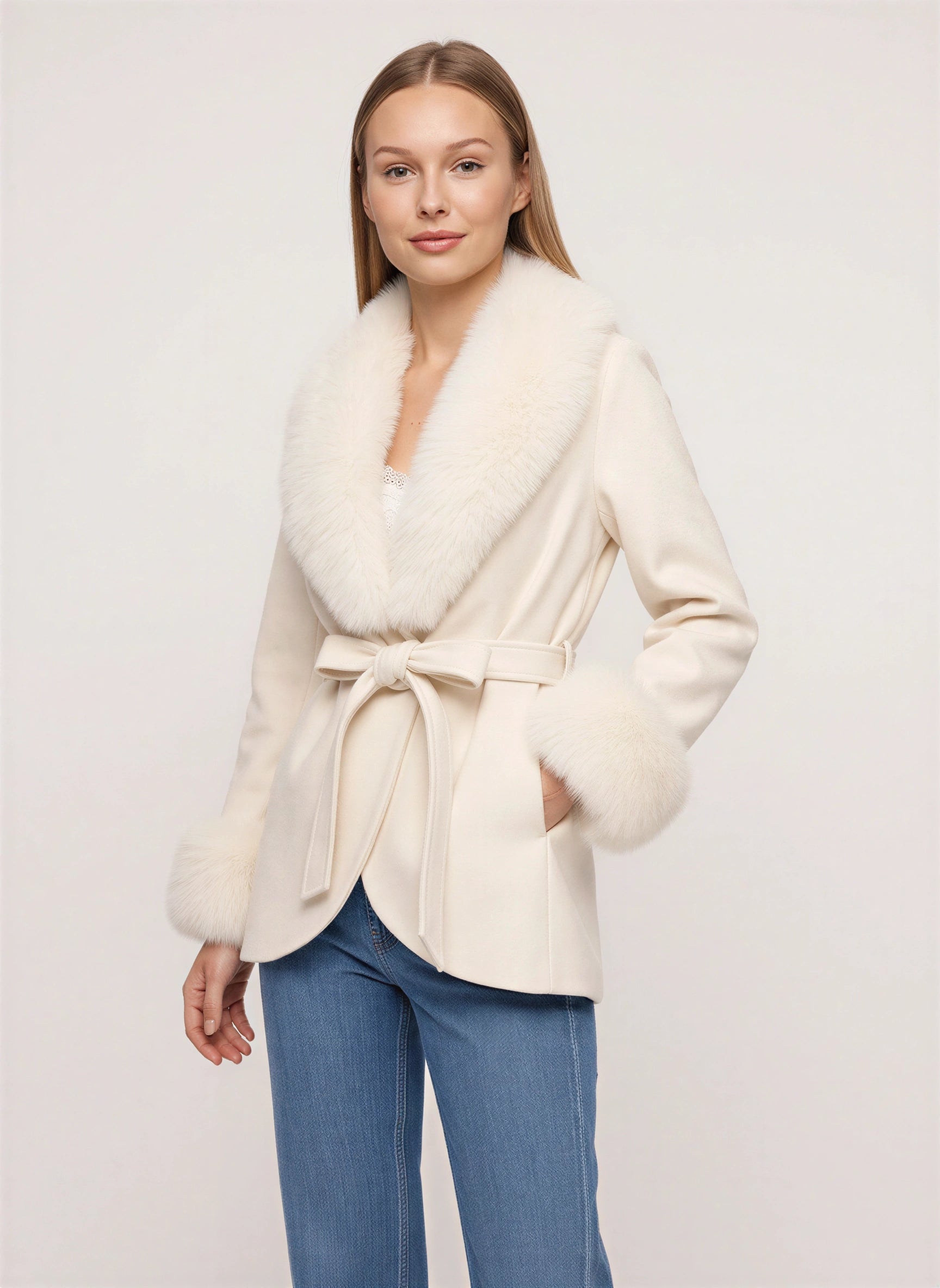 Ivorna Faux Fur Wrap Jacket – Women Winter Bridal Shawl Collar Belted Coat Evening Occasion Jacket