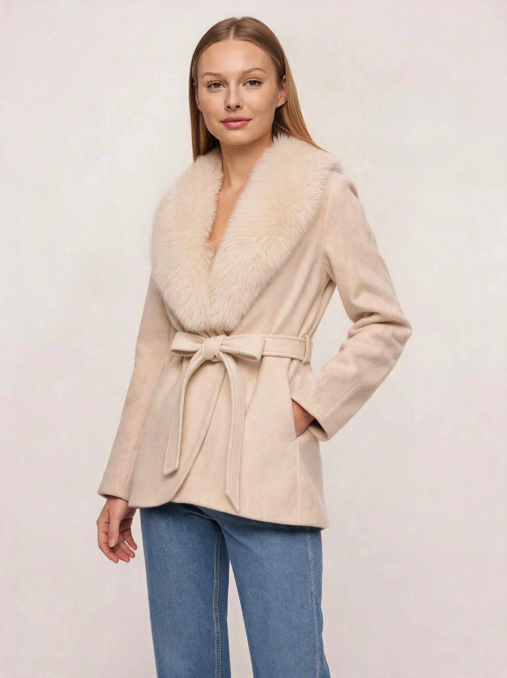 Ivorna Faux Fur Wrap Jacket – Women Winter Bridal Shawl Collar Belted Coat Evening Occasion Jacket