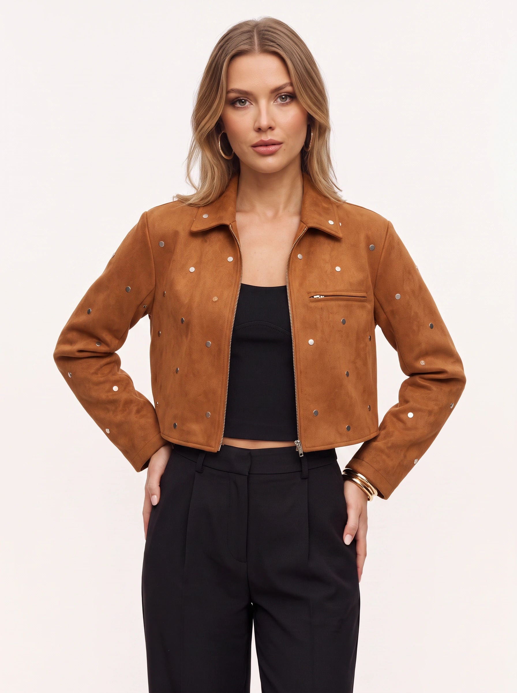 Rivelle Studded Cropped Suede Jacket – Women Zip Front Embellished Casual Winter Statement Jacket