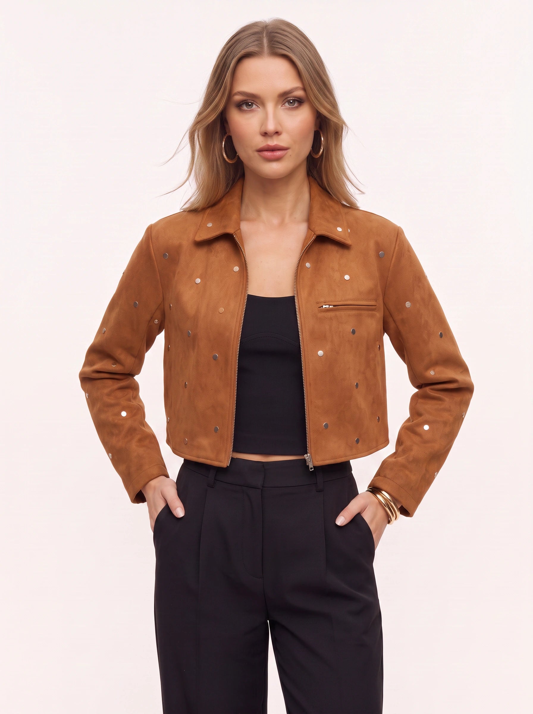Rivelle Studded Cropped Suede Jacket – Women Zip Front Embellished Casual Winter Statement Jacket