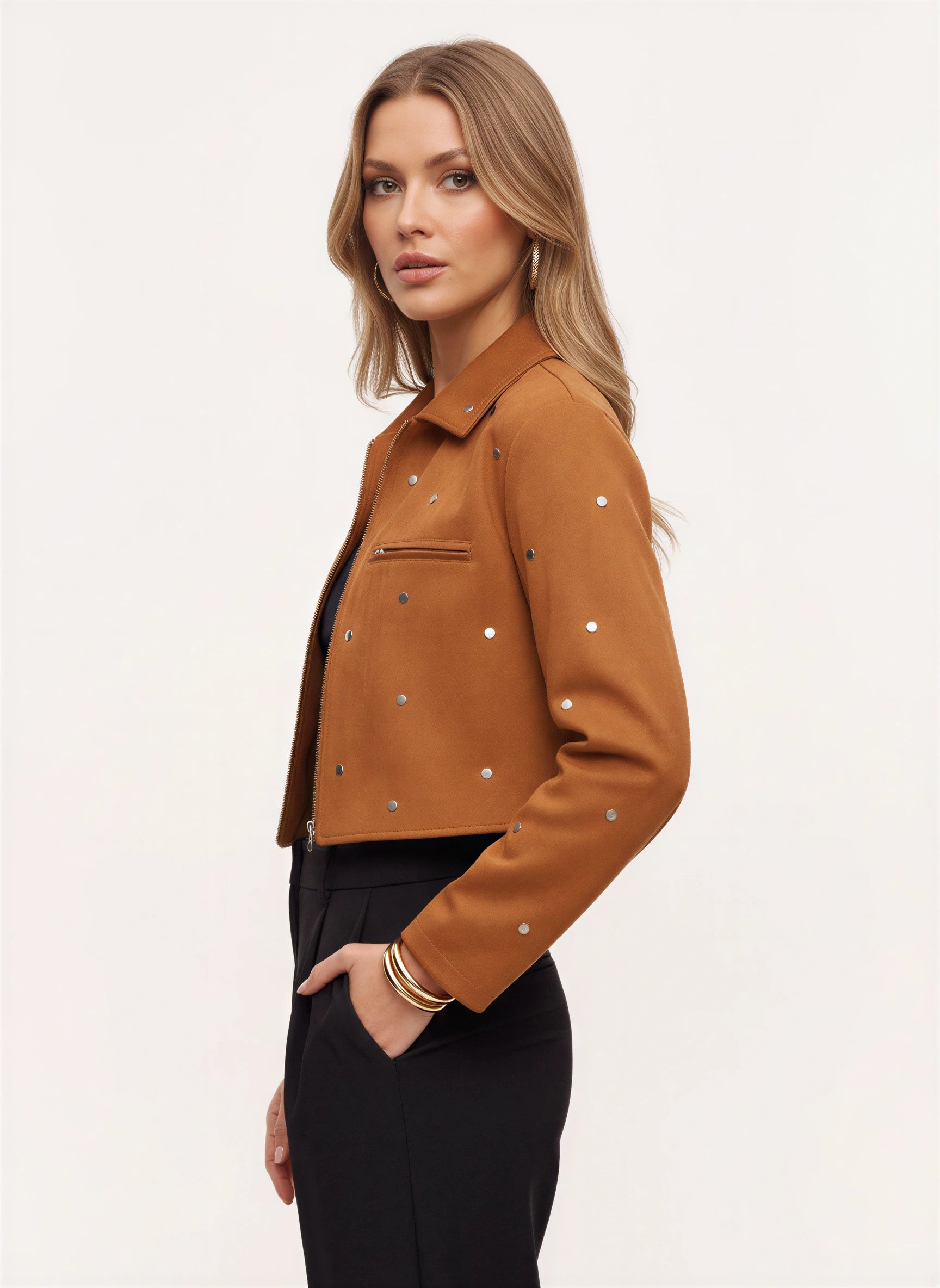 Rivelle Studded Cropped Suede Jacket – Women Zip Front Embellished Casual Winter Statement Jacket