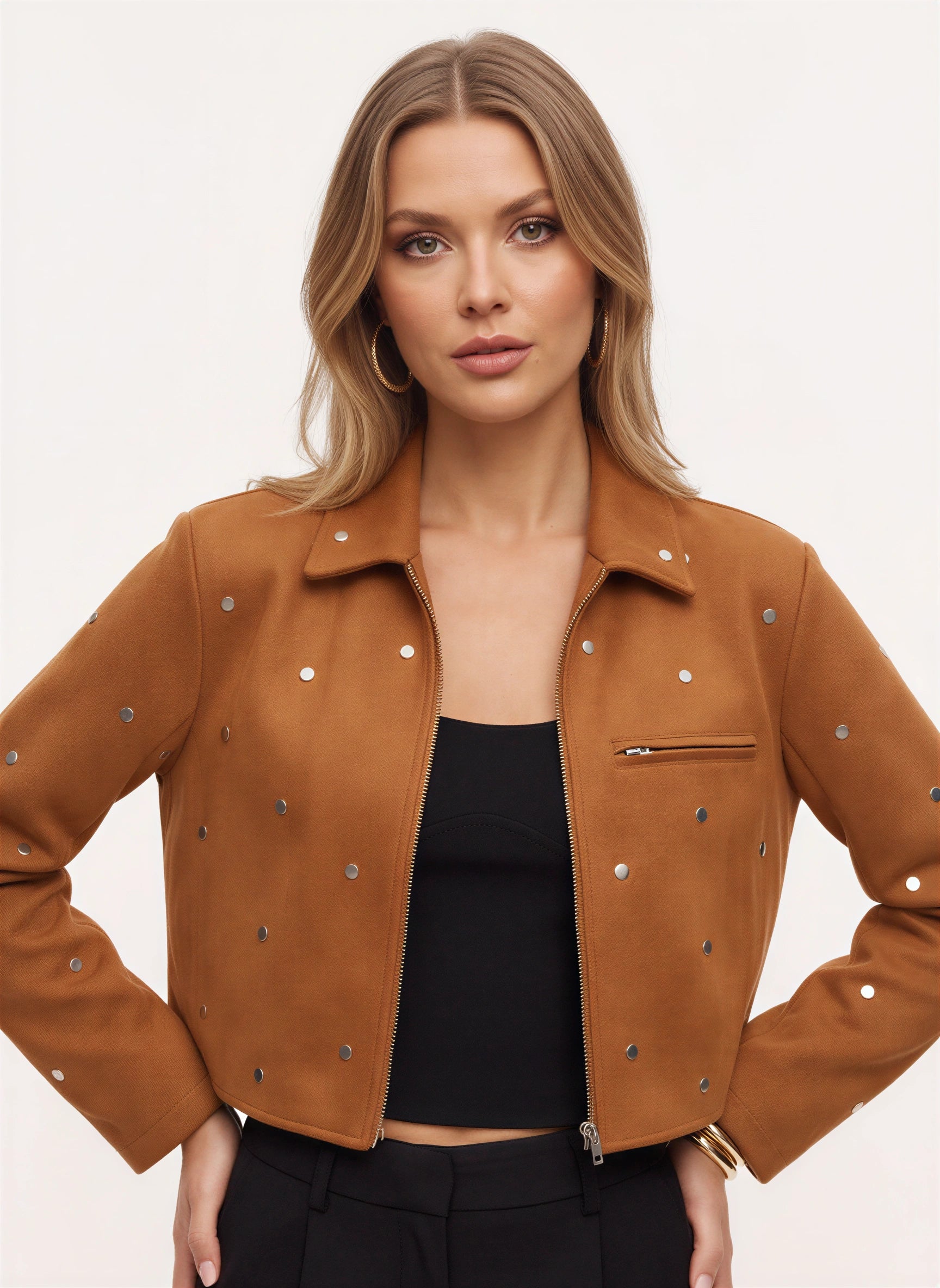 Rivelle Studded Cropped Suede Jacket – Women Zip Front Embellished Casual Winter Statement Jacket