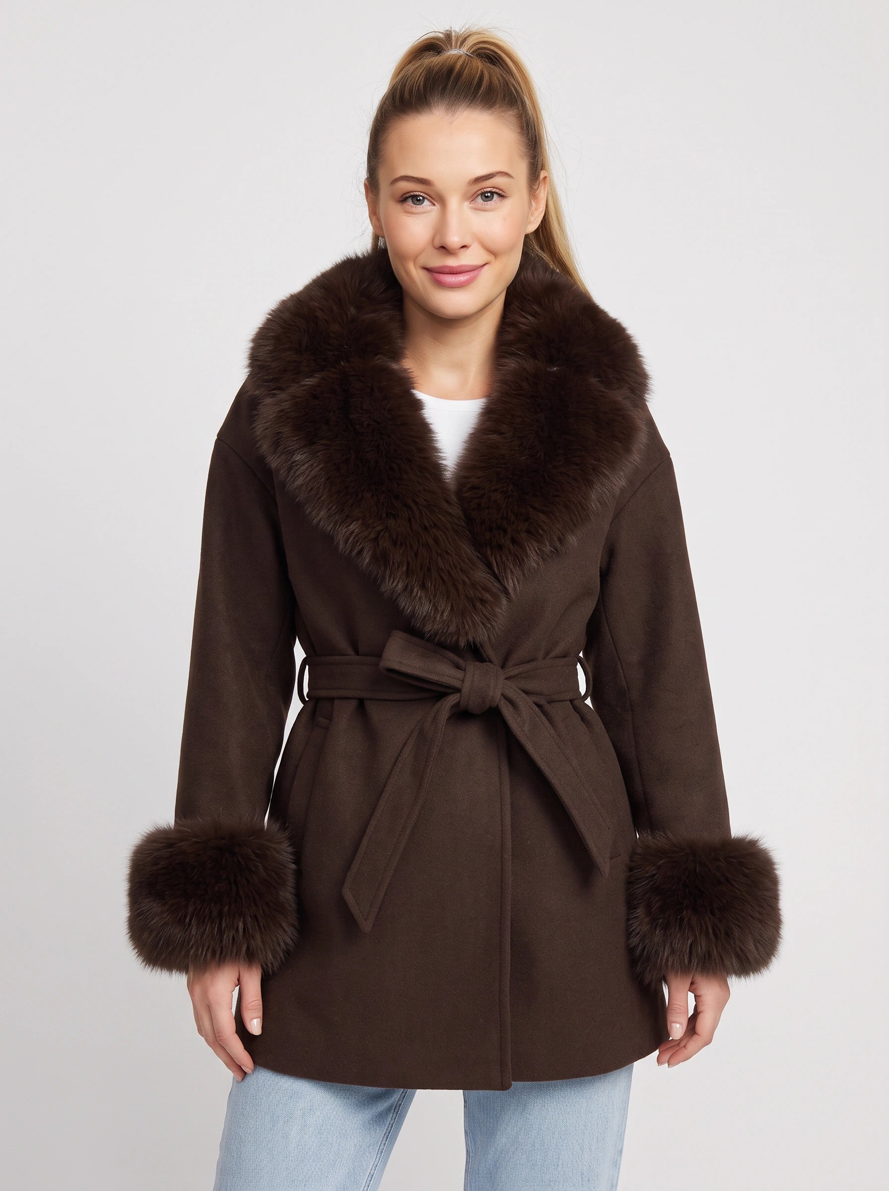 Pellaro Faux Fur Collar Belted Wool Coat – Women Wool Coat Brown Winter Outerwear Ladies Wrap Jacket