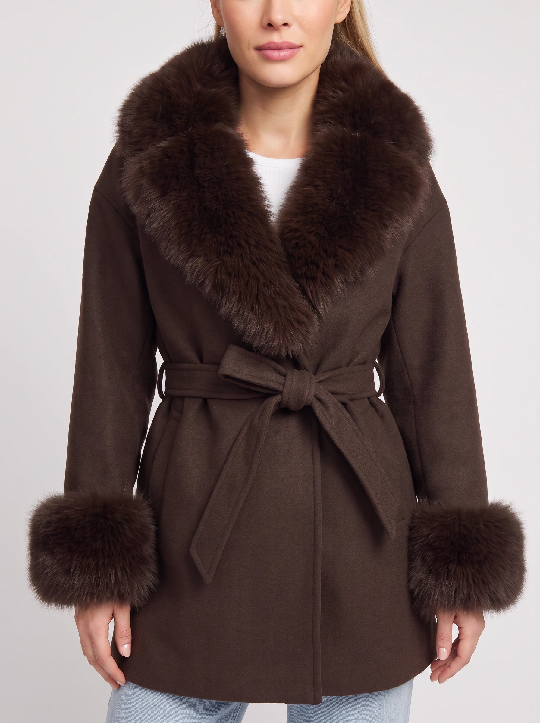 Pellaro Faux Fur Collar Belted Wool Coat – Women Wool Coat Brown Winter Outerwear Ladies Wrap Jacket