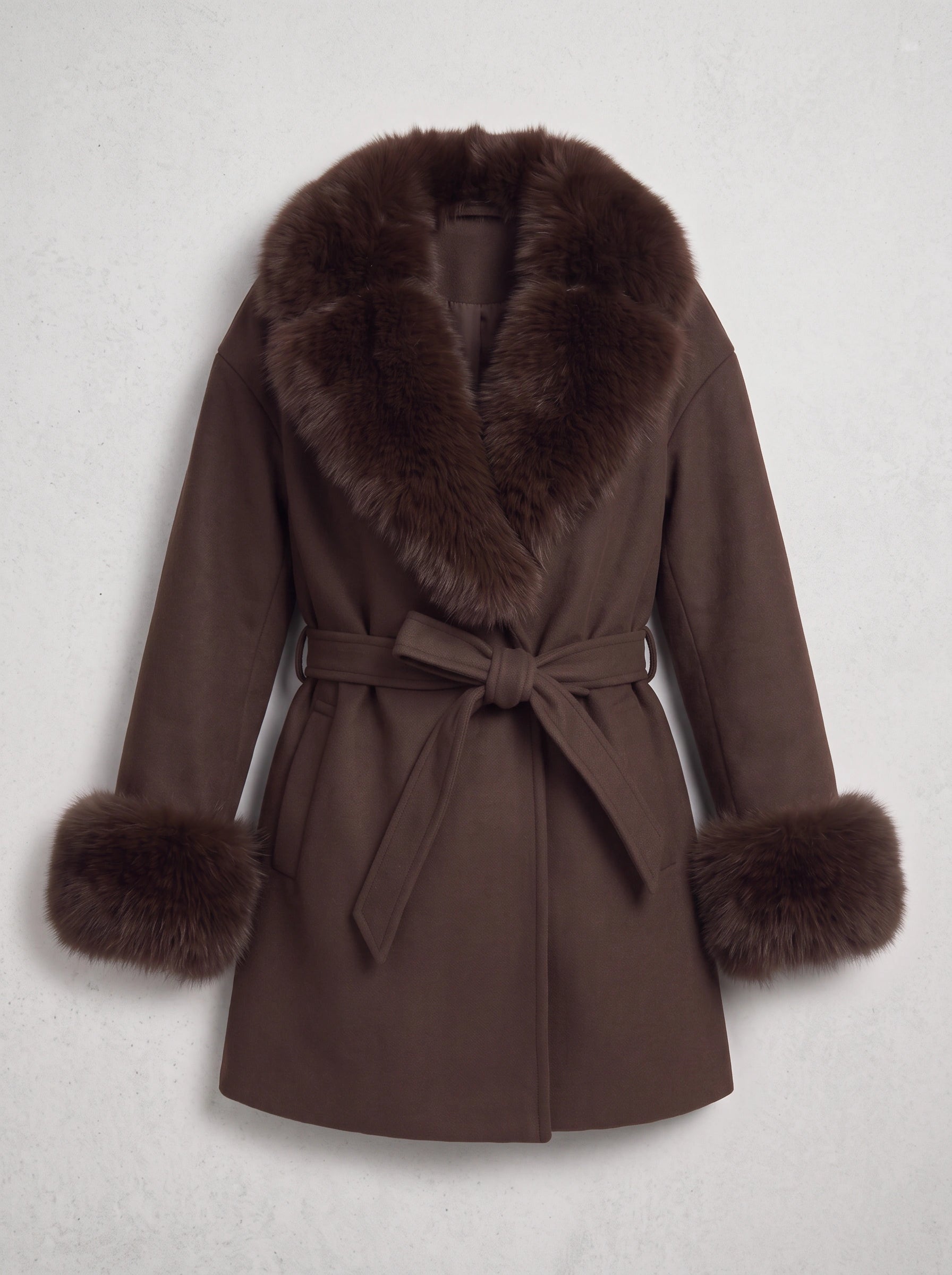 Pellaro Faux Fur Collar Belted Wool Coat – Women Wool Coat Brown Winter Outerwear Ladies Wrap Jacket