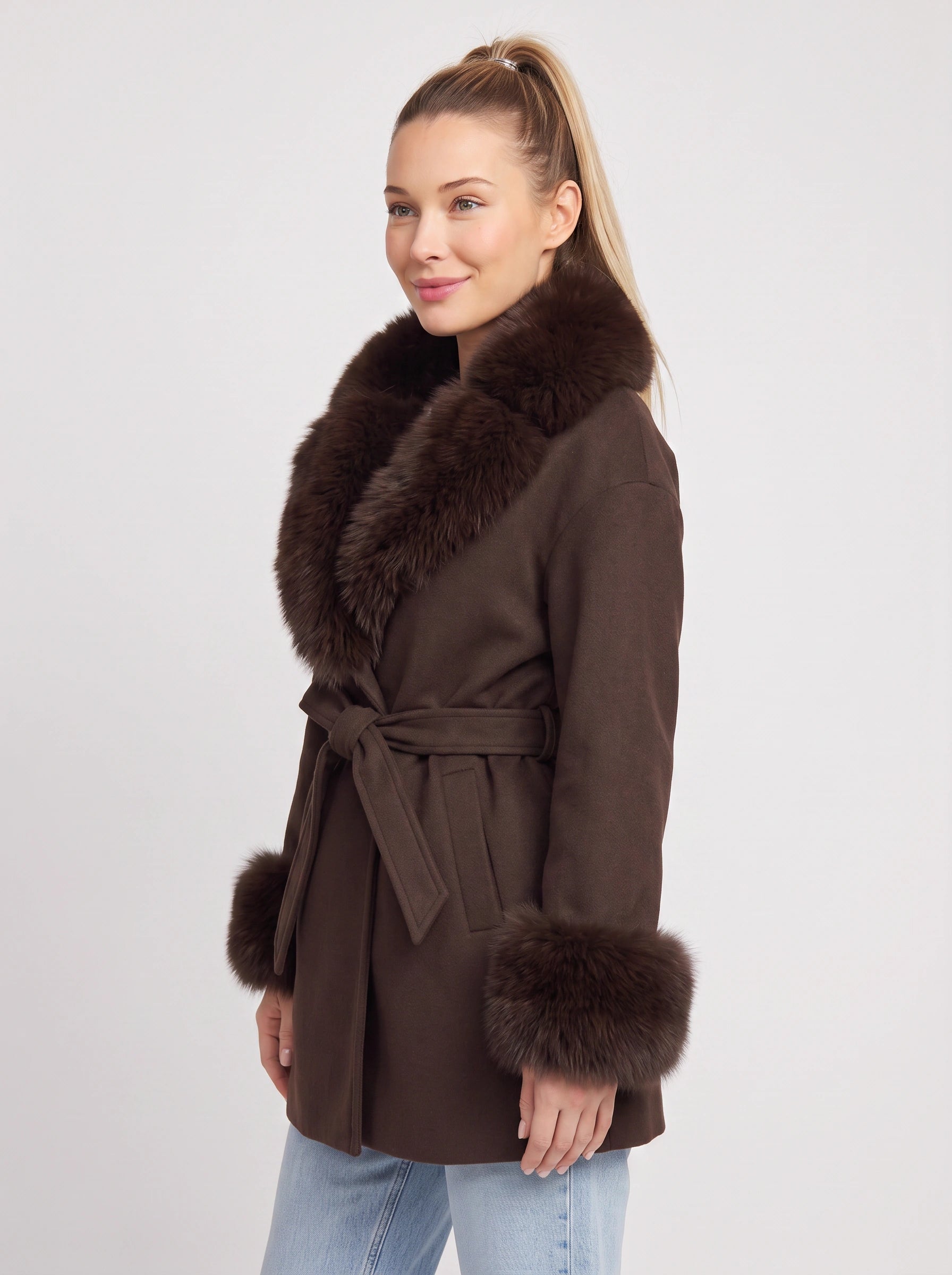 Pellaro Faux Fur Collar Belted Wool Coat – Women Wool Coat Brown Winter Outerwear Ladies Wrap Jacket