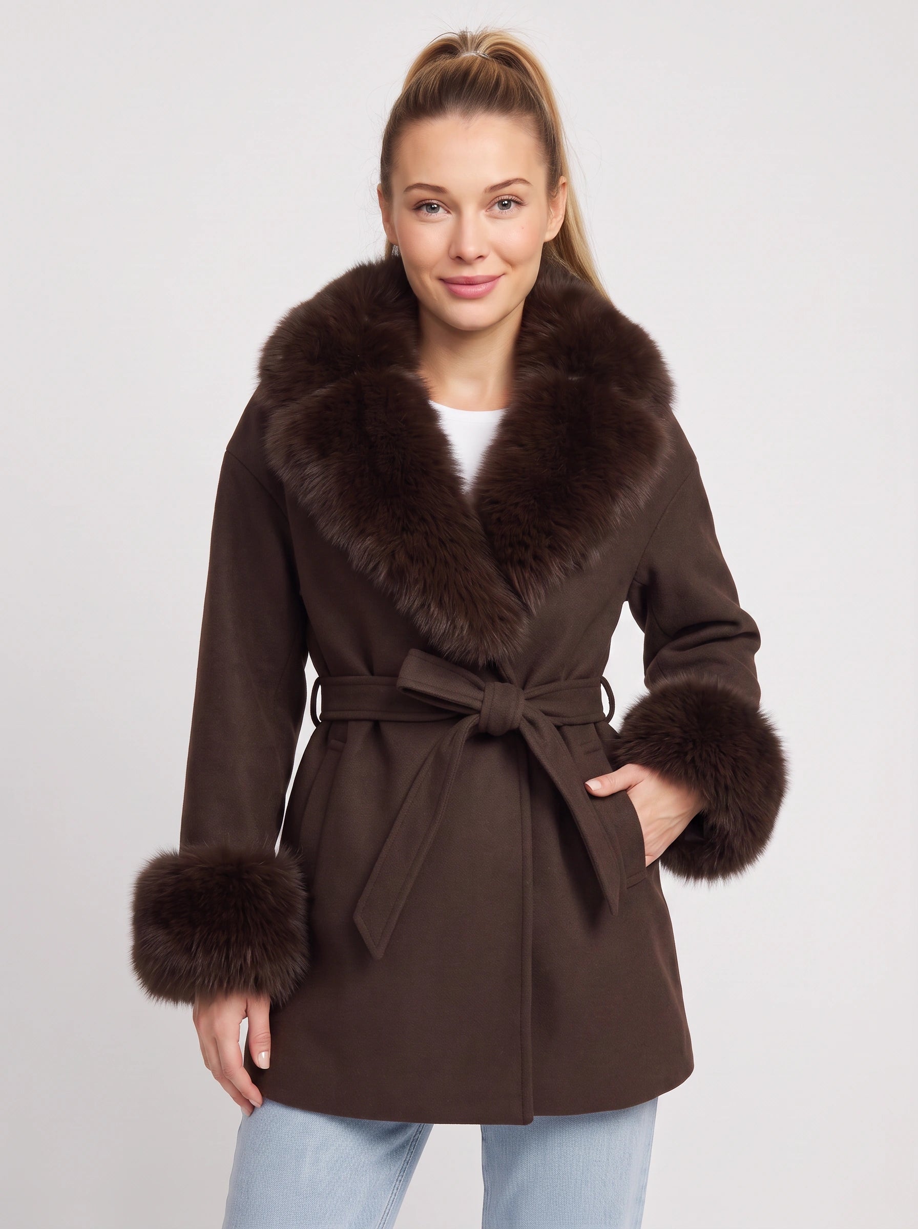 Pellaro Faux Fur Collar Belted Wool Coat – Women Wool Coat Brown Winter Outerwear Ladies Wrap Jacket