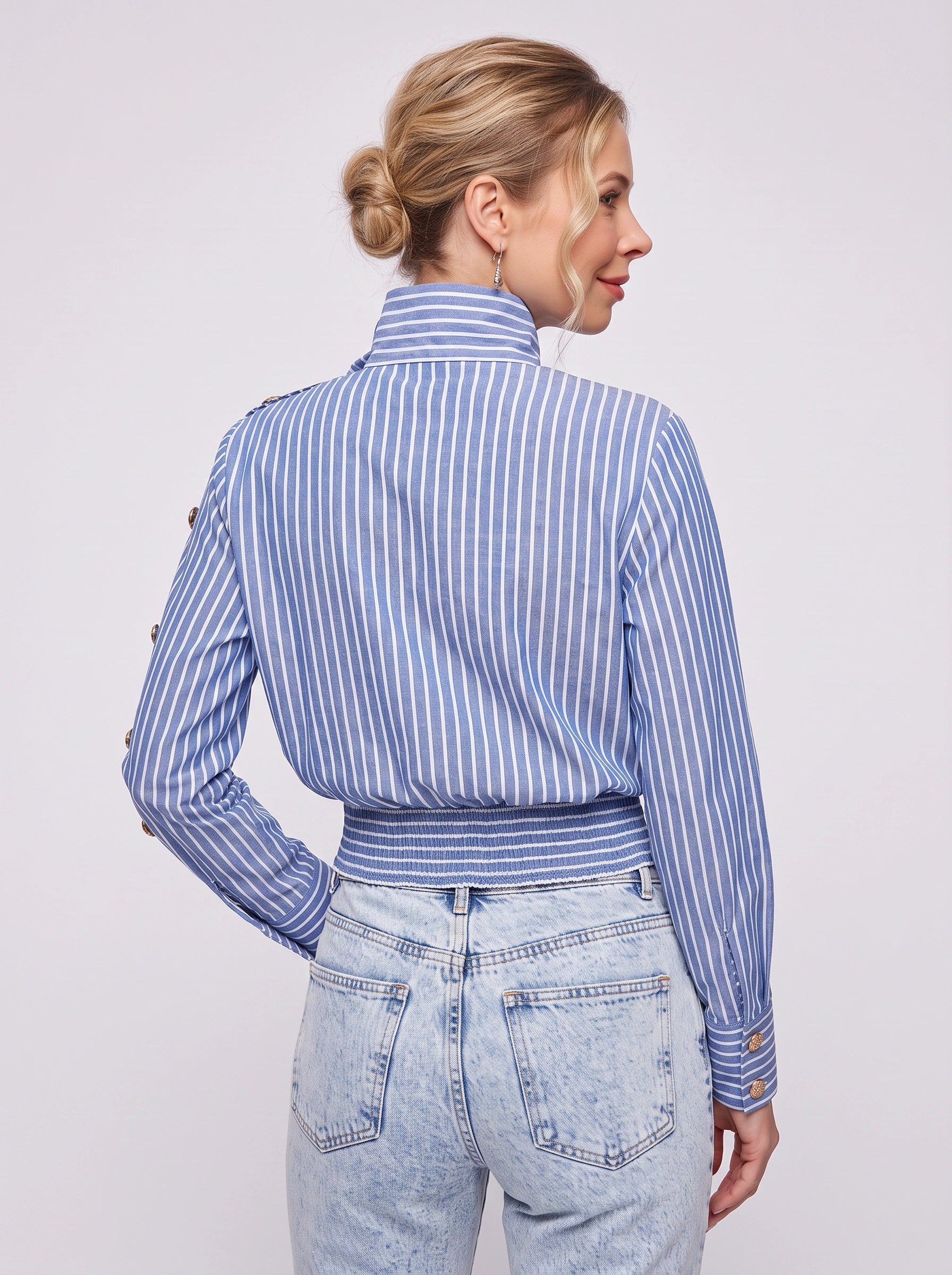 Rigatta Button Detail Turtleneck Top – Striped Women Office Smart Casual Workwear Long Sleeve Top