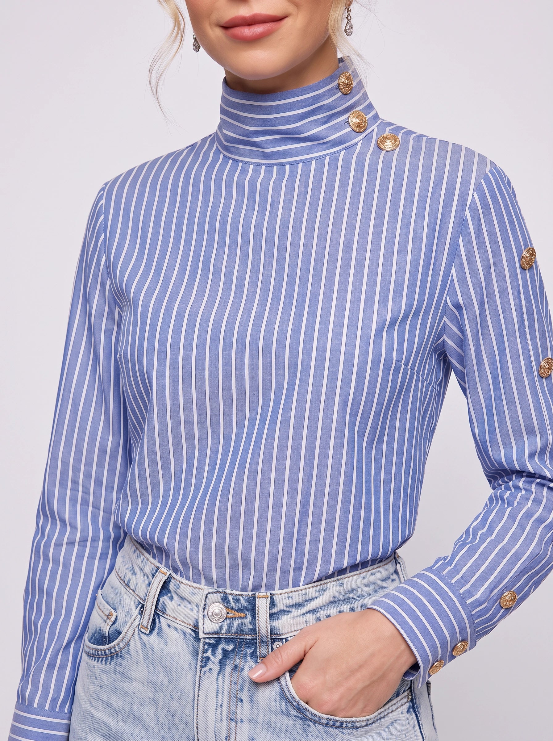 Rigatta Button Detail Turtleneck Top – Striped Women Office Smart Casual Workwear Long Sleeve Top