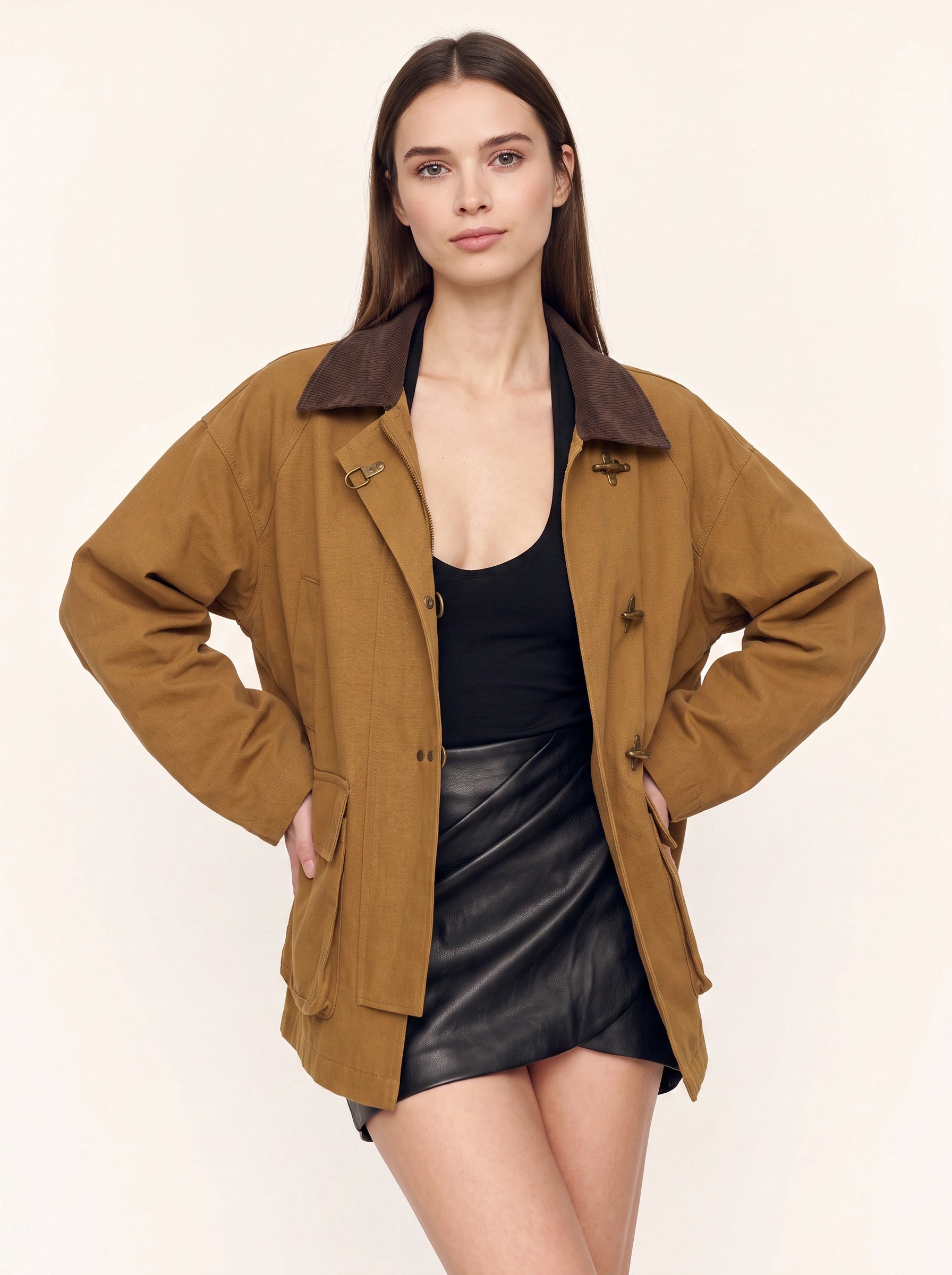 Bronton Contrast Collar Field Jacket – Oversized Utility Women Winter Cargo Workwear Long Sleeve Jacket