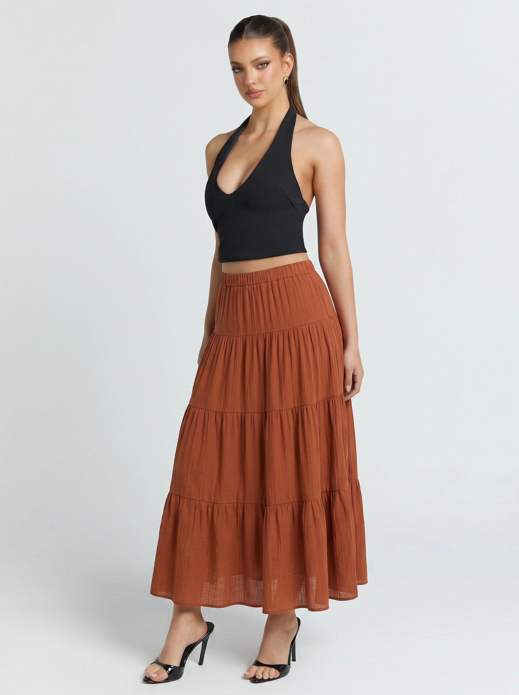 Scalona Tiered Maxi Skirt – Boho Cotton Women Elastic Waist Casual Beach Vacation Maxi Skirt