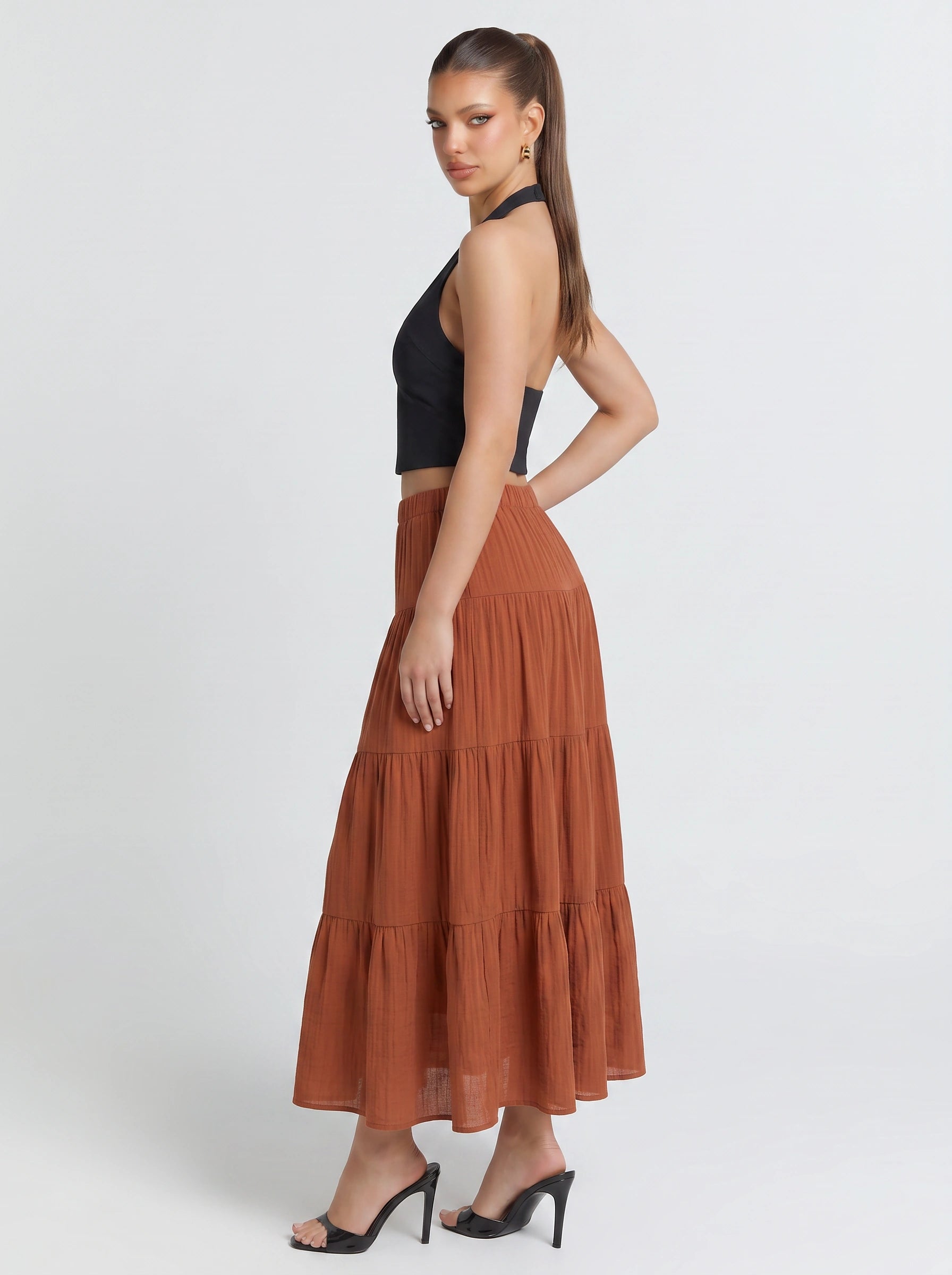 Scalona Tiered Maxi Skirt – Boho Cotton Women Elastic Waist Casual Beach Vacation Maxi Skirt