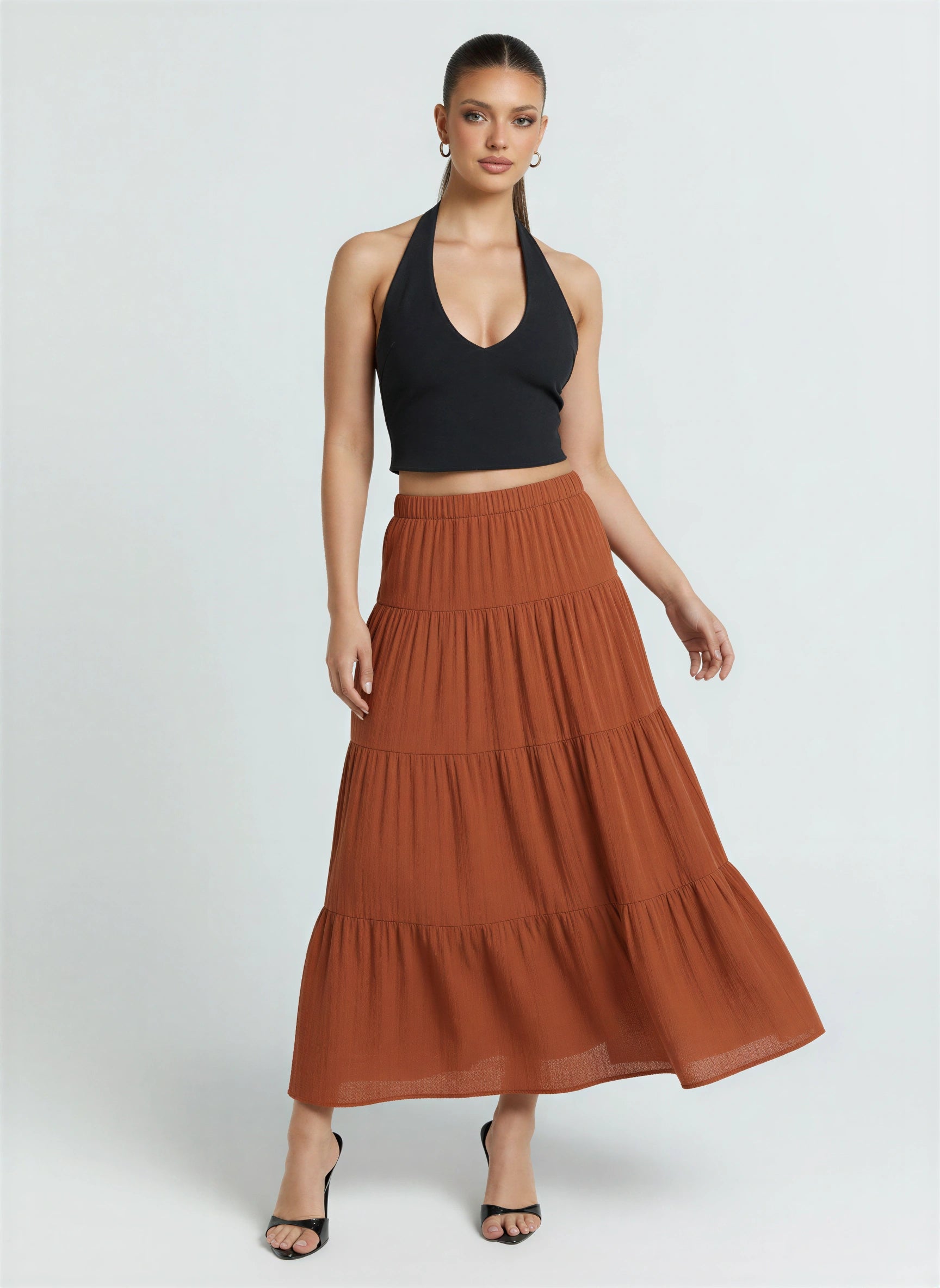 Scalona Tiered Maxi Skirt – Boho Cotton Women Elastic Waist Casual Beach Vacation Maxi Skirt