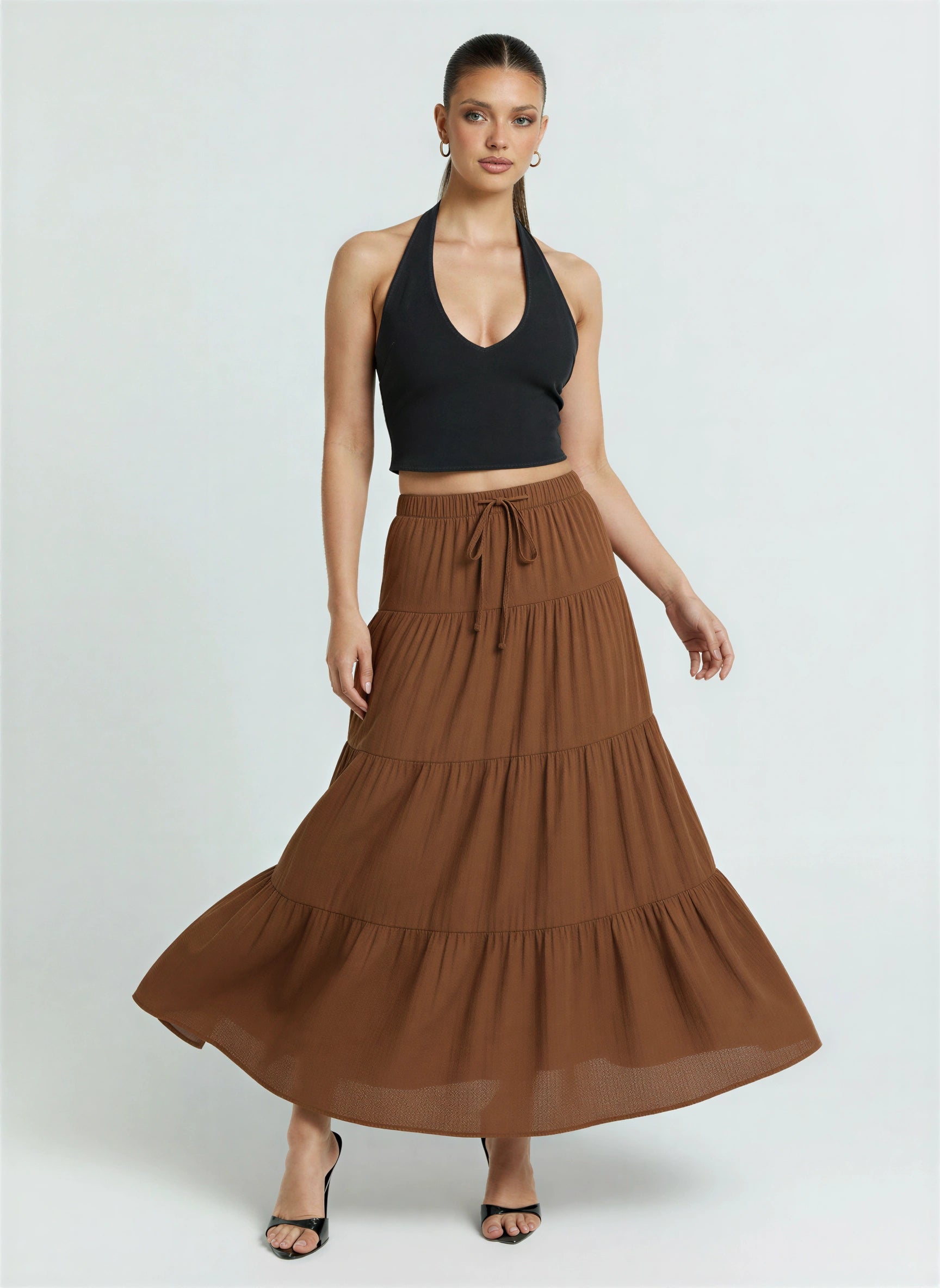 Scalona Tiered Maxi Skirt – Boho Cotton Women Elastic Waist Casual Beach Vacation Maxi Skirt