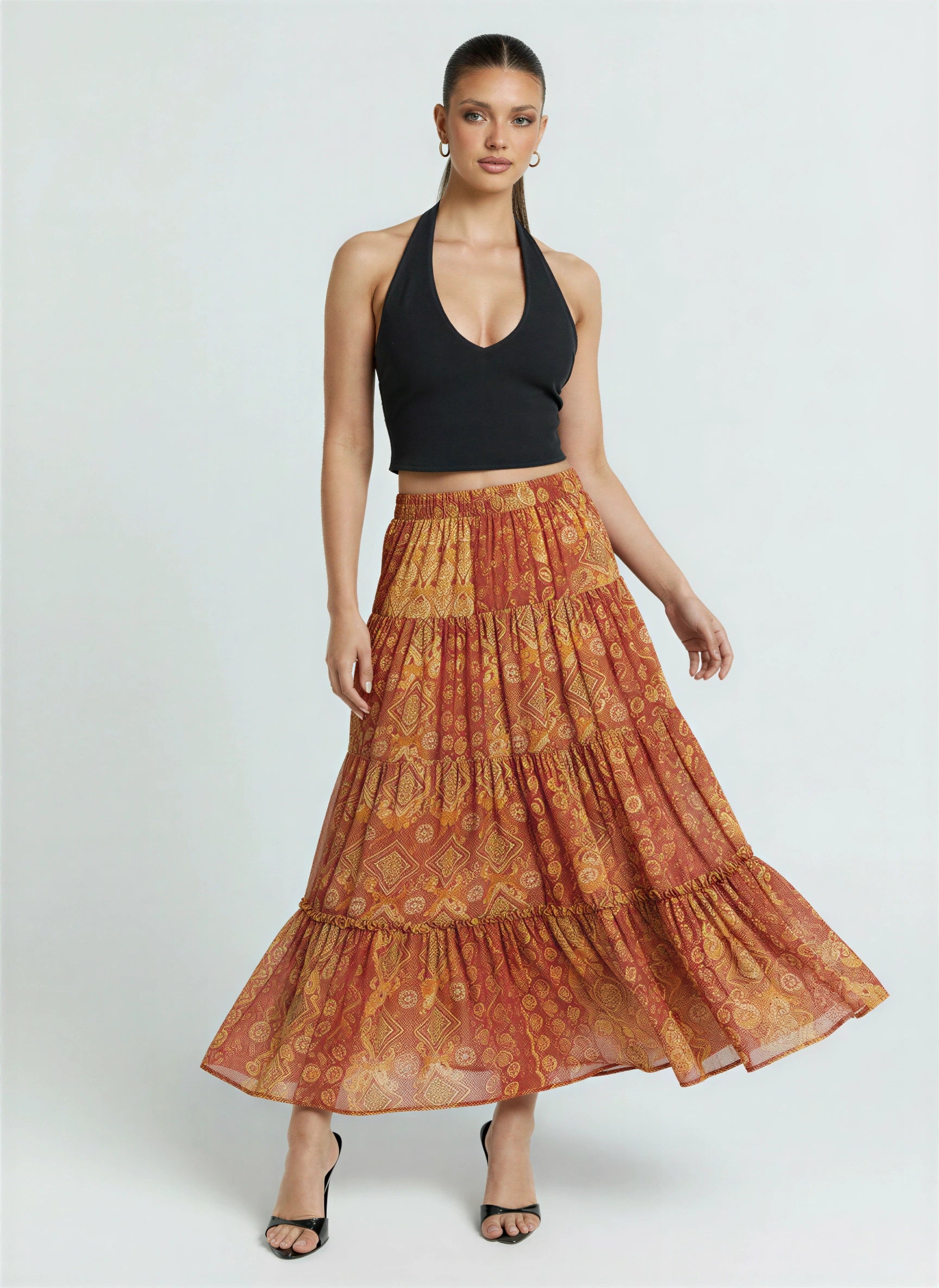 Scalona Tiered Maxi Skirt – Boho Cotton Women Elastic Waist Casual Beach Vacation Maxi Skirt