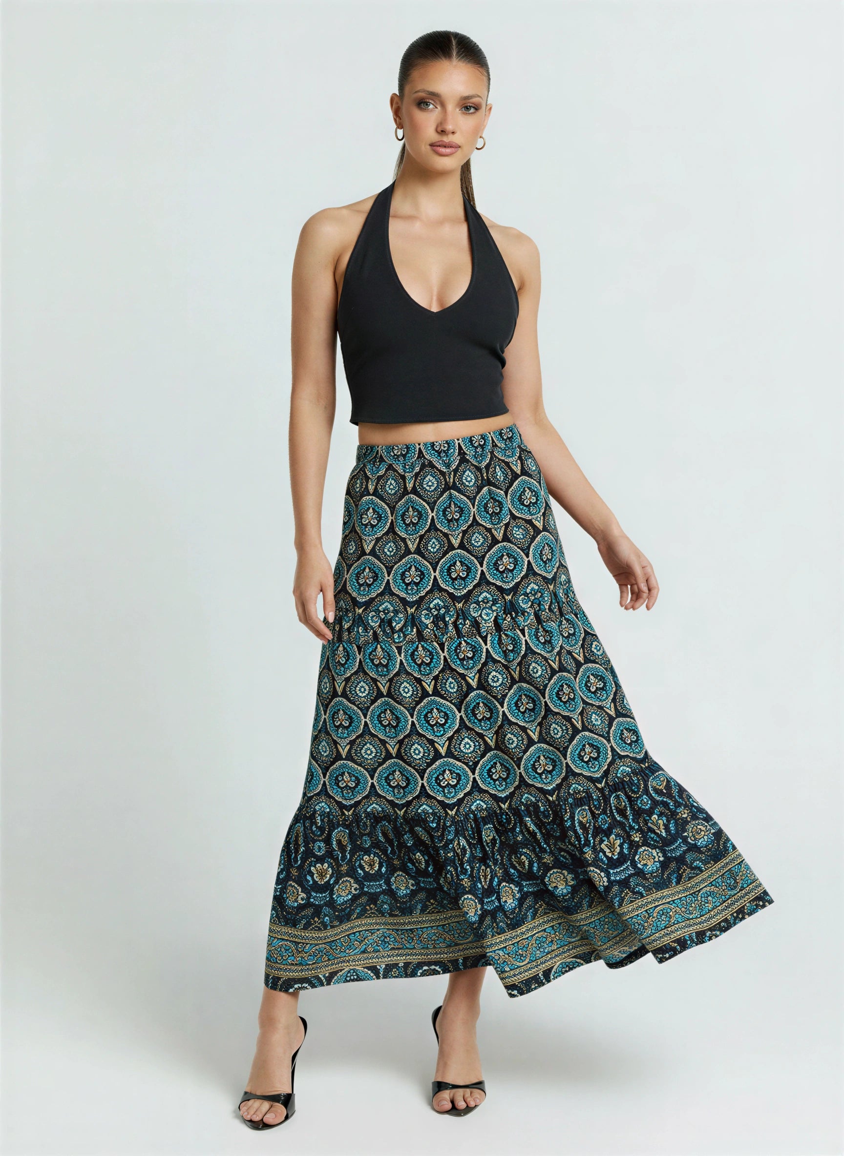 Scalona Tiered Maxi Skirt – Boho Cotton Women Elastic Waist Casual Beach Vacation Maxi Skirt