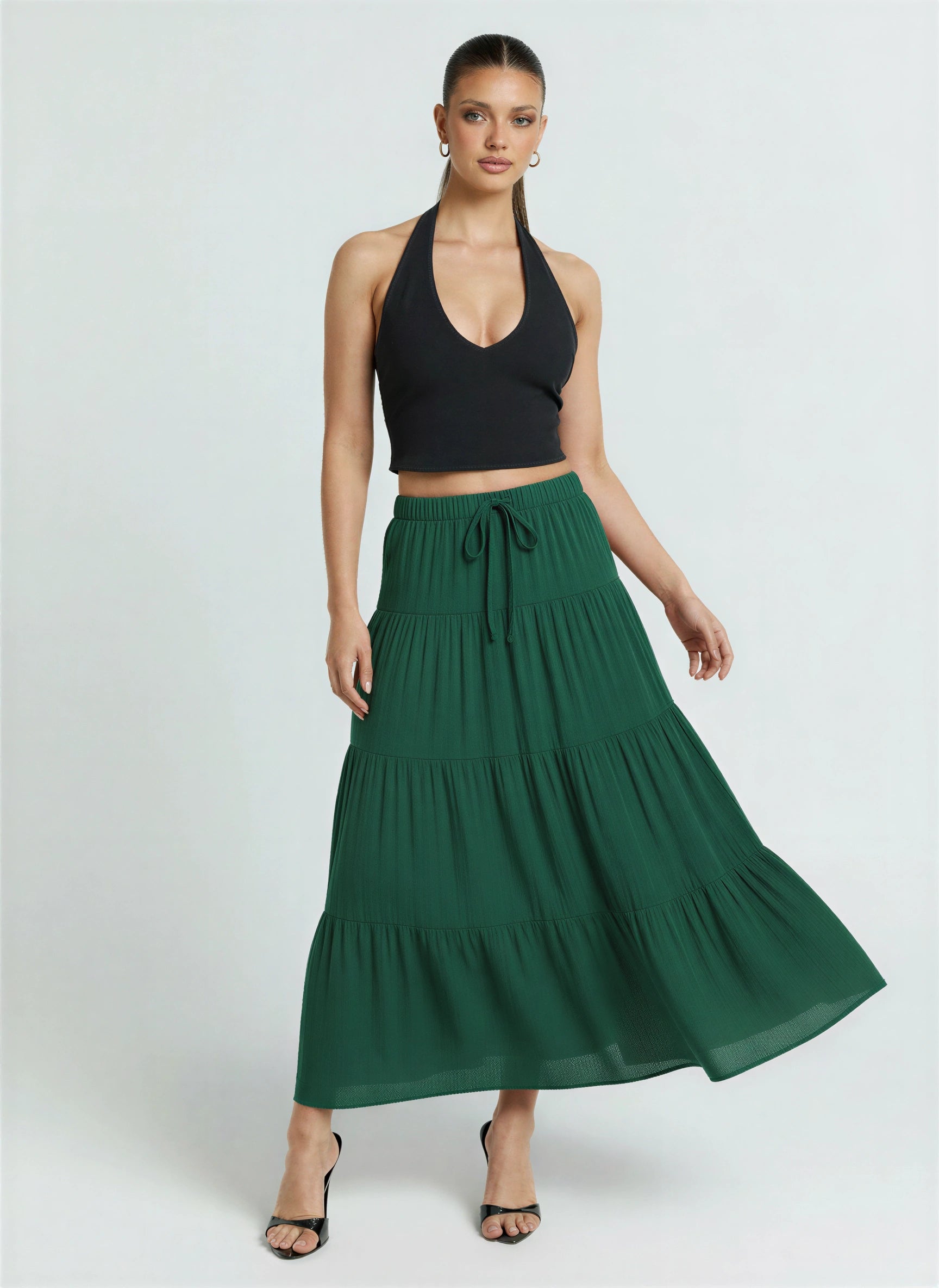Scalona Tiered Maxi Skirt – Boho Cotton Women Elastic Waist Casual Beach Vacation Maxi Skirt