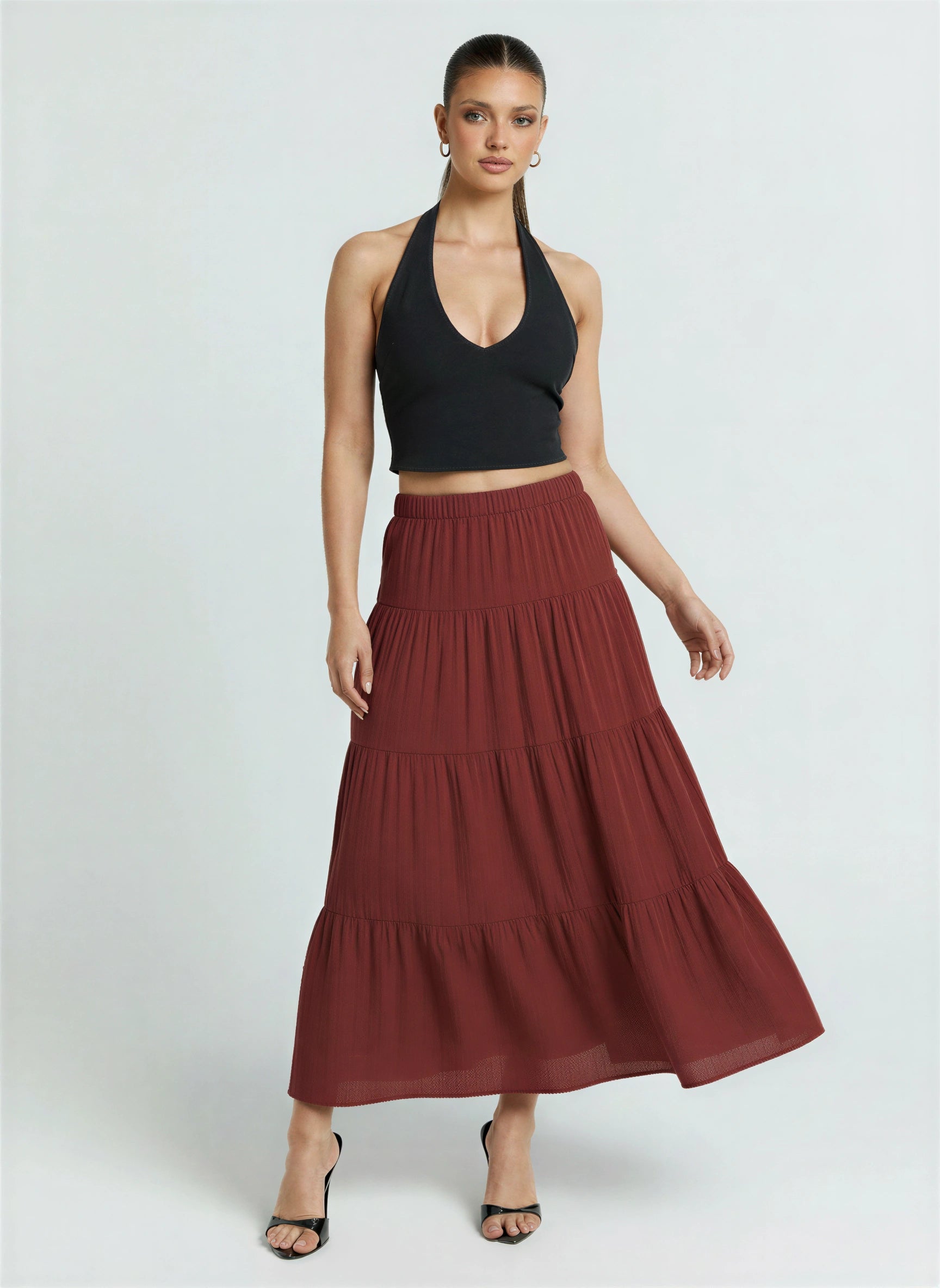 Scalona Tiered Maxi Skirt – Boho Cotton Women Elastic Waist Casual Beach Vacation Maxi Skirt