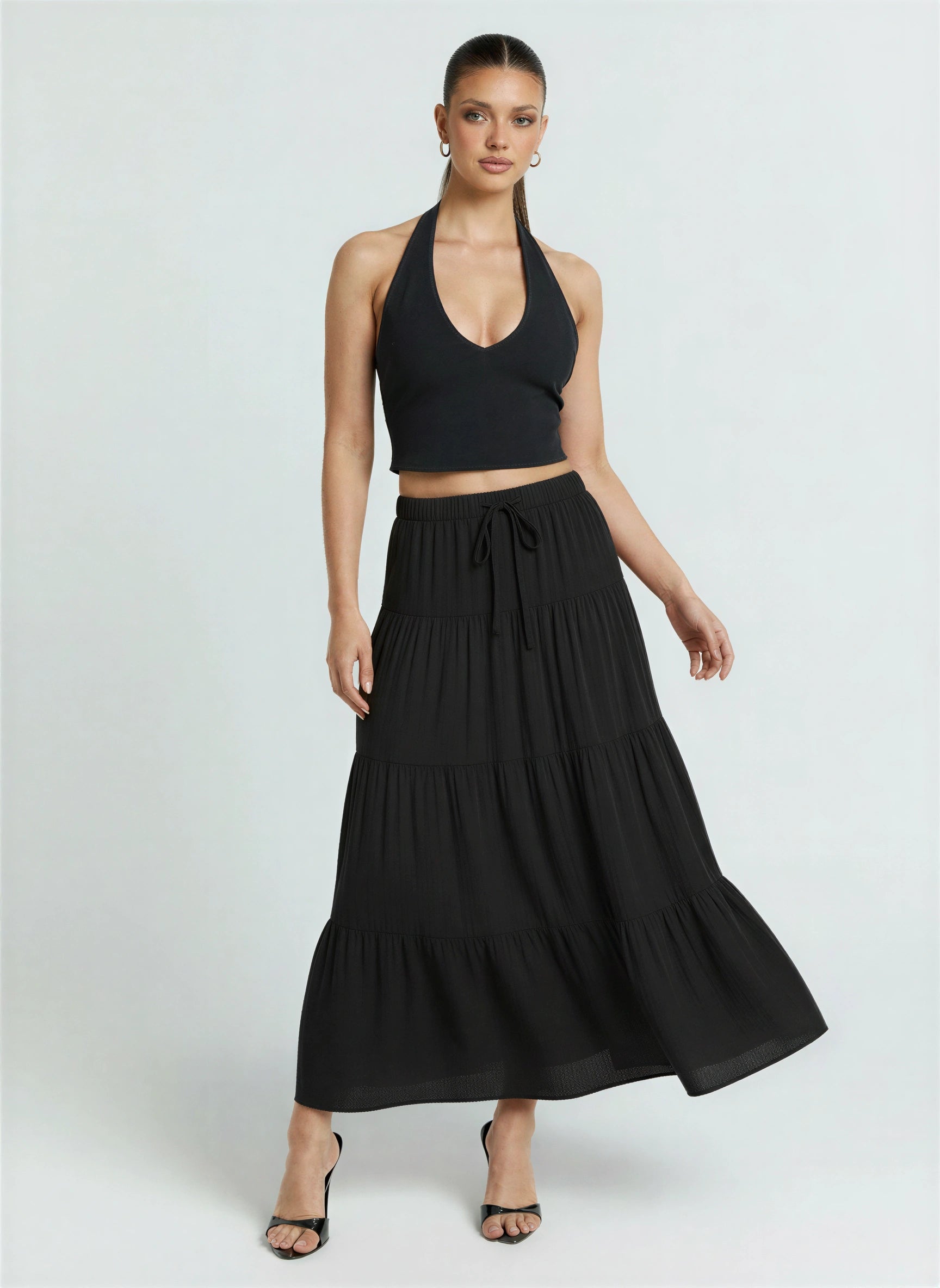 Scalona Tiered Maxi Skirt – Boho Cotton Women Elastic Waist Casual Beach Vacation Maxi Skirt