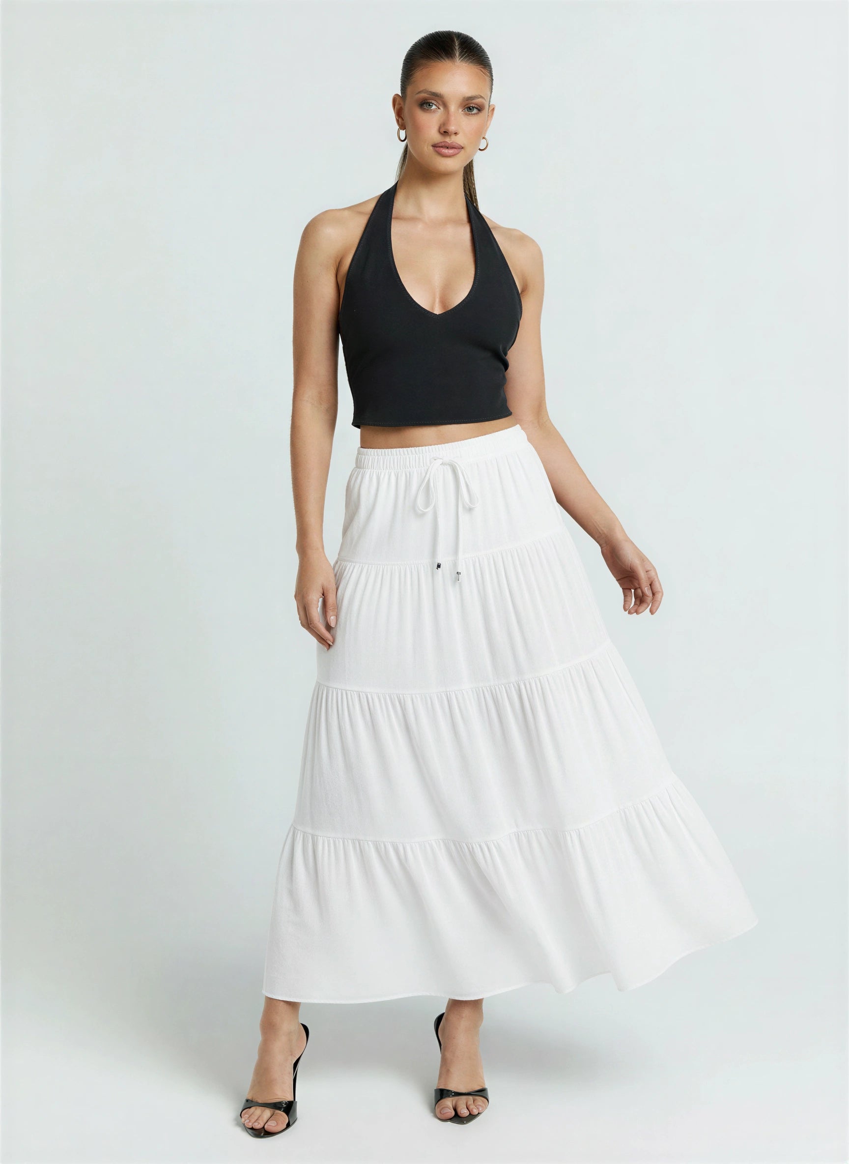 Scalona Tiered Maxi Skirt – Boho Cotton Women Elastic Waist Casual Beach Vacation Maxi Skirt