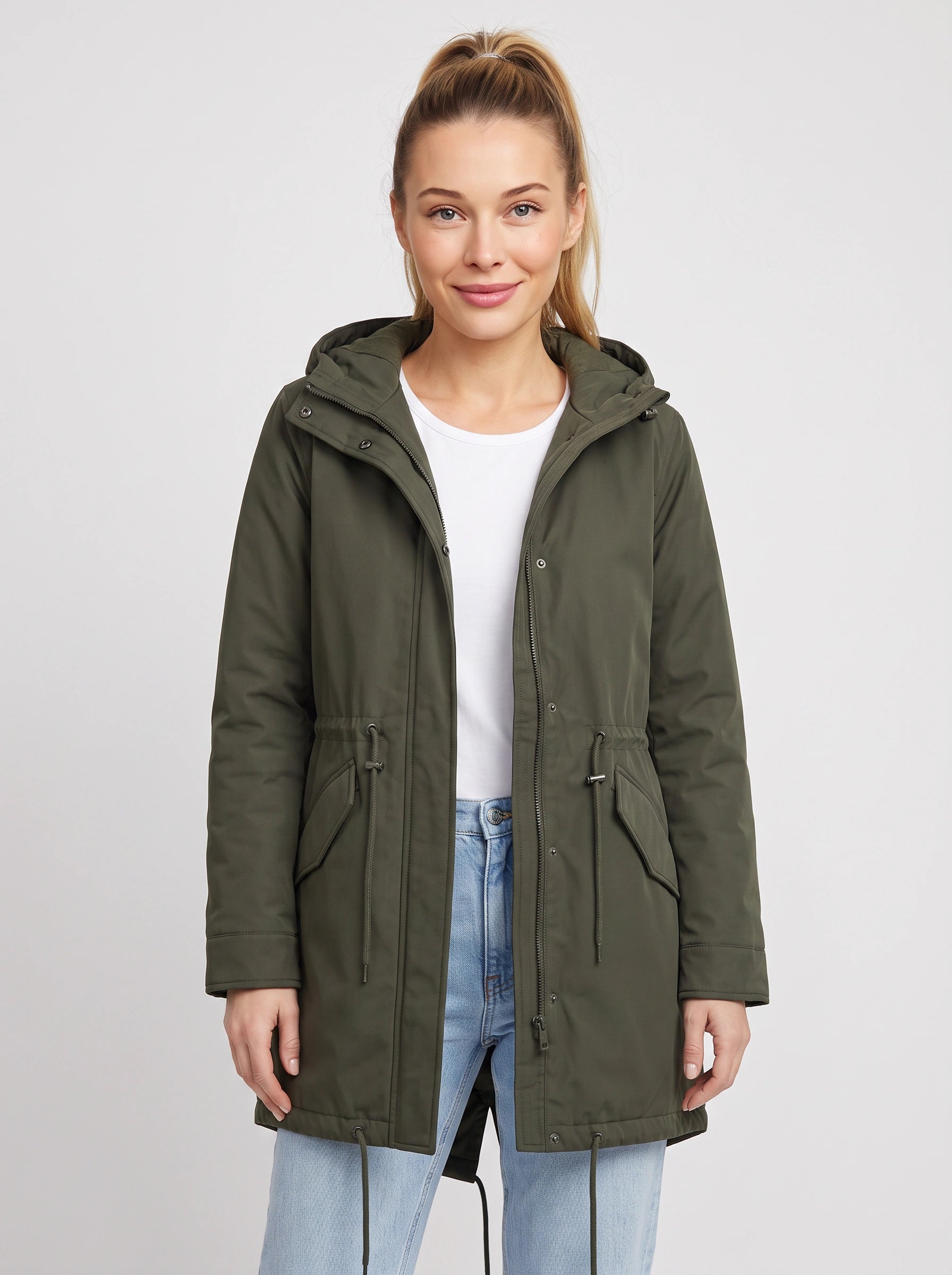 Corbyn Hooded Longline Parka – Women Winter Coat Drawstring Cinched Waist Lightweight Rain Jacket
