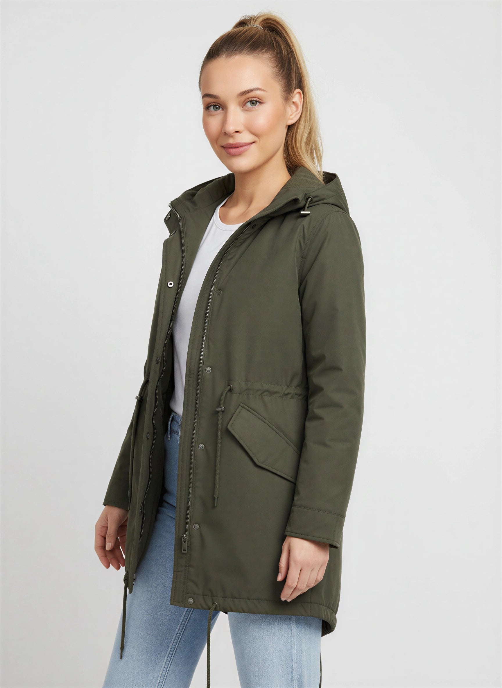 Corbyn Hooded Longline Parka – Women Winter Coat Drawstring Cinched Waist Lightweight Rain Jacket