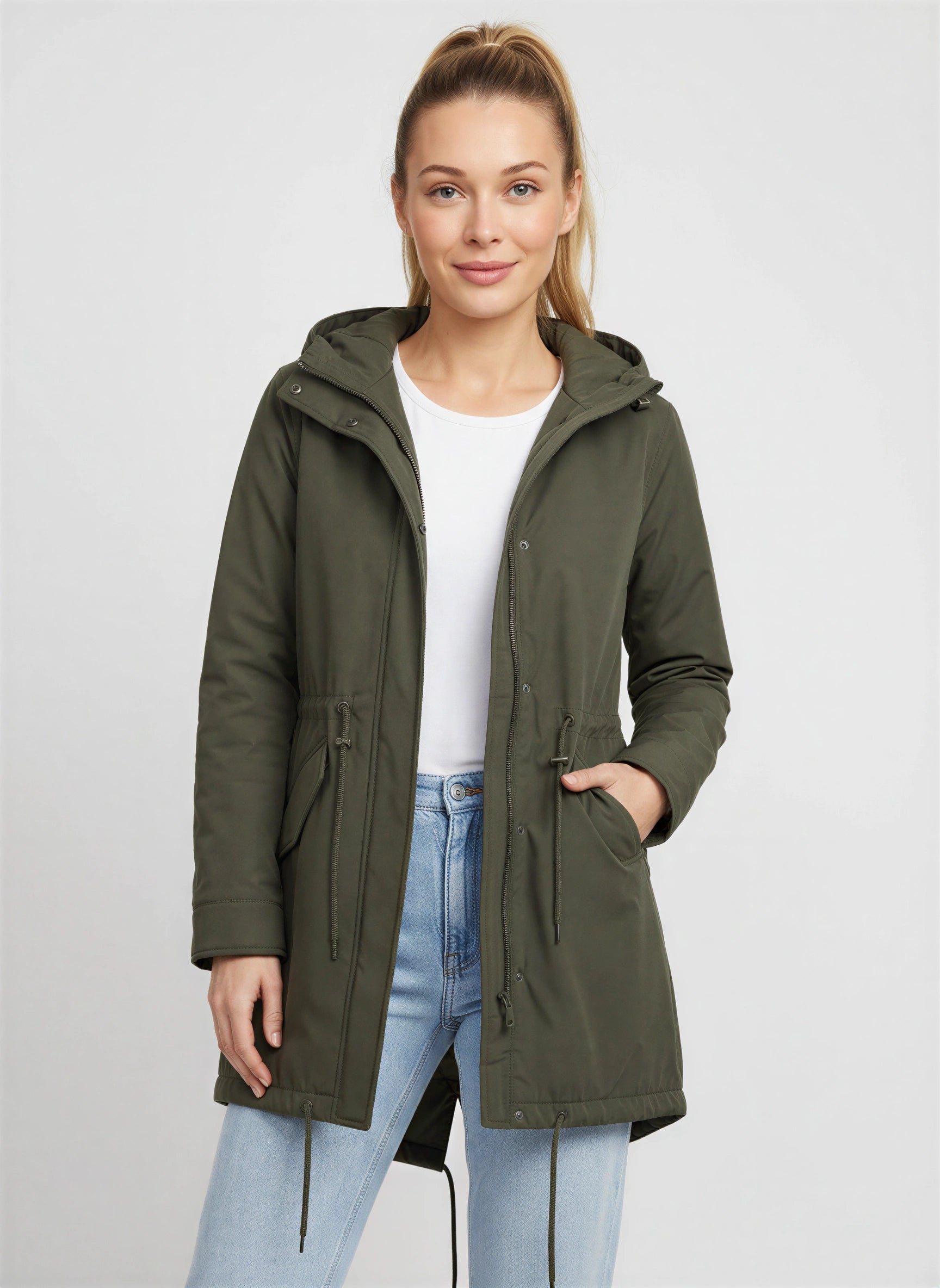Corbyn Hooded Longline Parka – Women Winter Coat Drawstring Cinched Waist Lightweight Rain Jacket