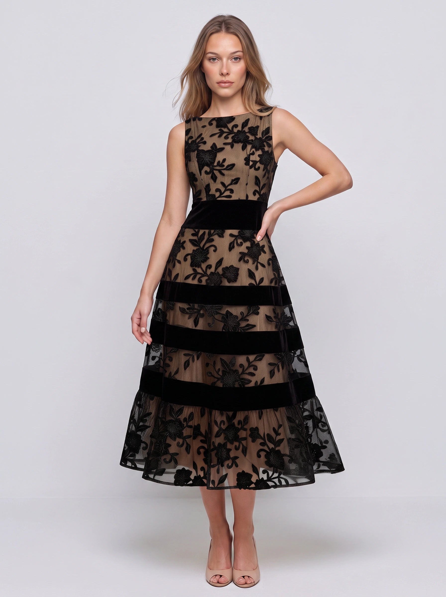 Balisma Velvet-Banded Floral Midi Dress – Sheer Embroidered Mesh Women Formal Evening Wedding Guest Midi Dress