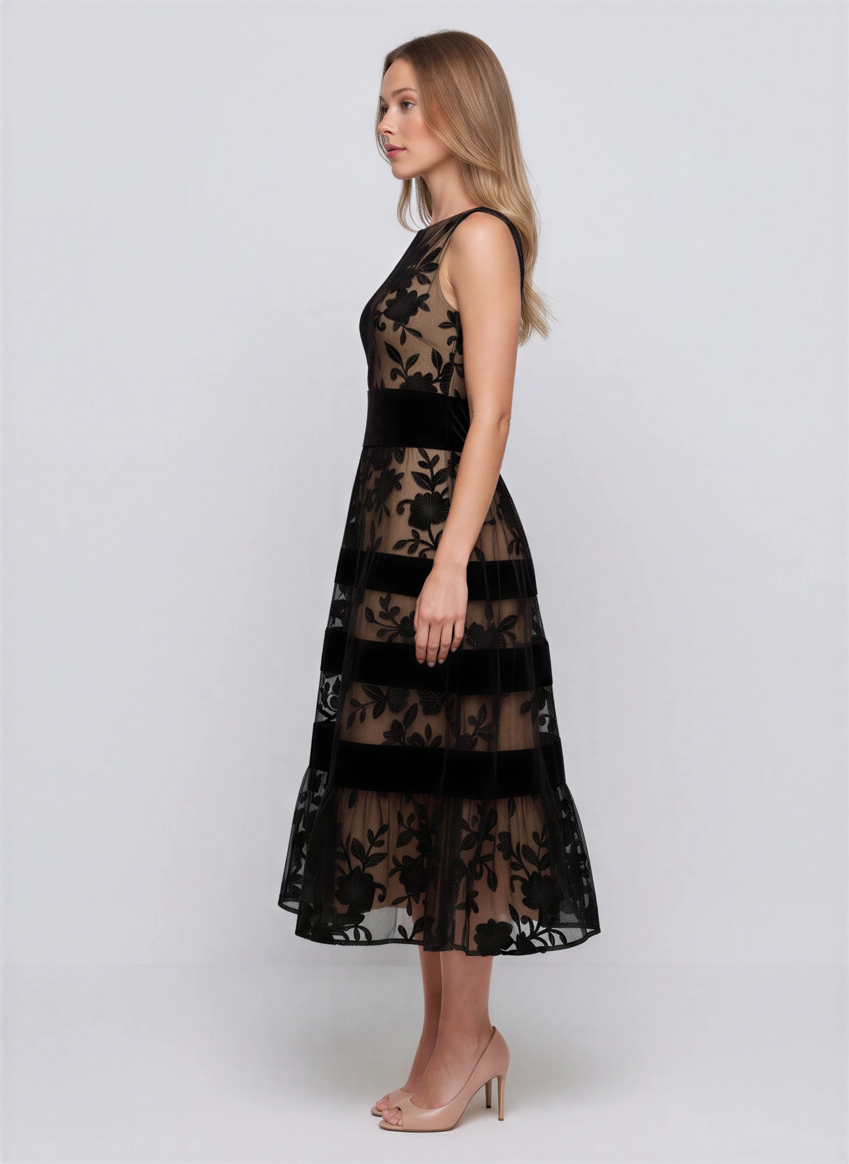 Balisma Velvet-Banded Floral Midi Dress – Sheer Embroidered Mesh Women Formal Evening Wedding Guest Midi Dress