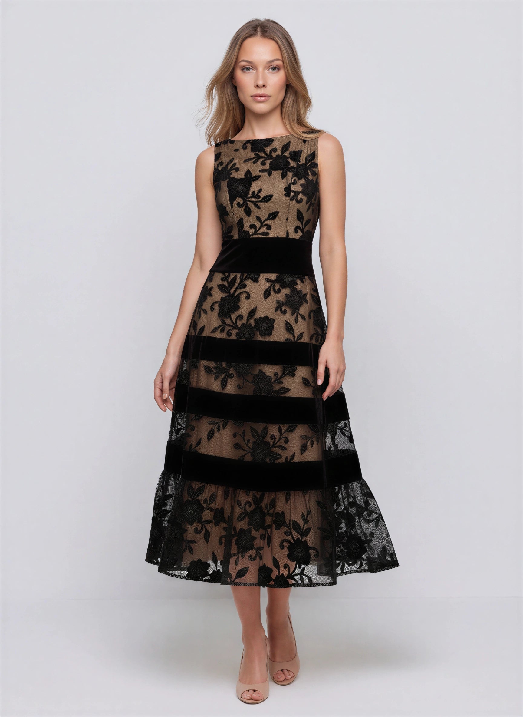 Balisma Velvet-Banded Floral Midi Dress – Sheer Embroidered Mesh Women Formal Evening Wedding Guest Midi Dress