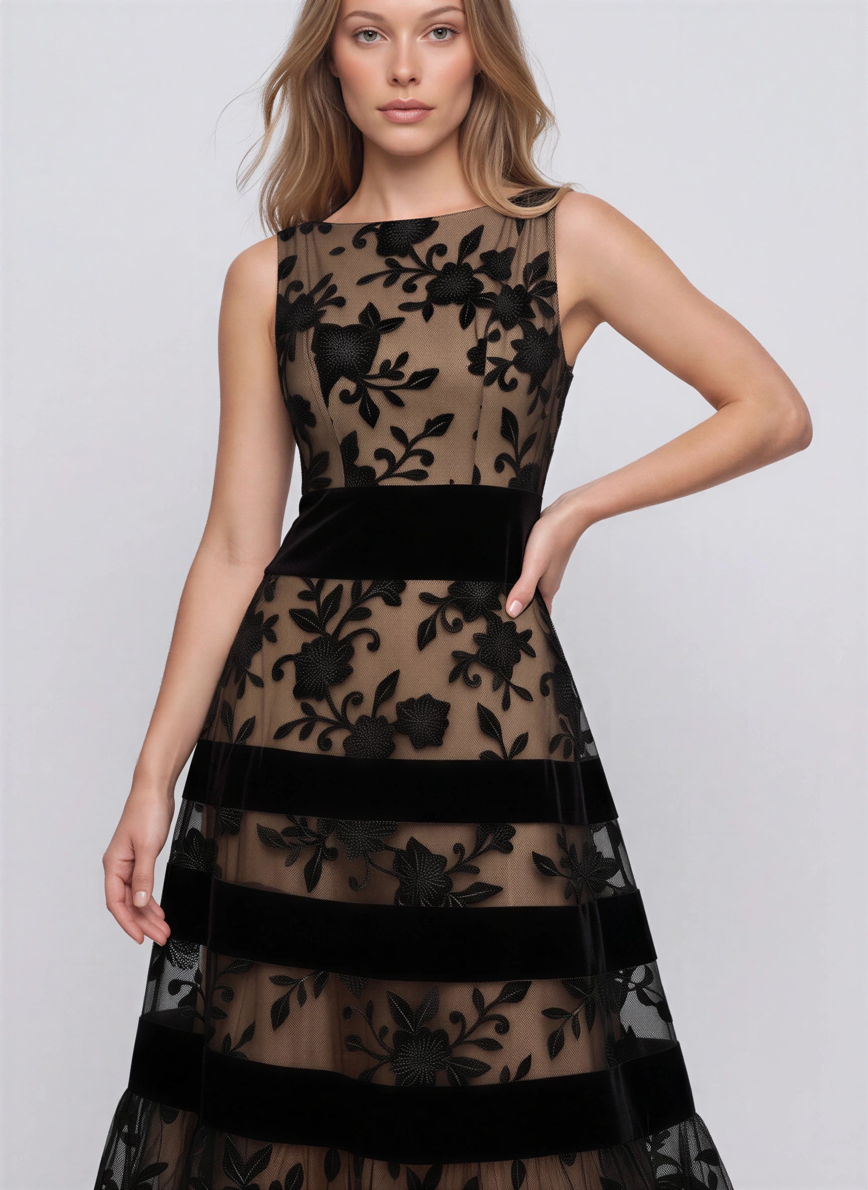 Balisma Velvet-Banded Floral Midi Dress – Sheer Embroidered Mesh Women Formal Evening Wedding Guest Midi Dress