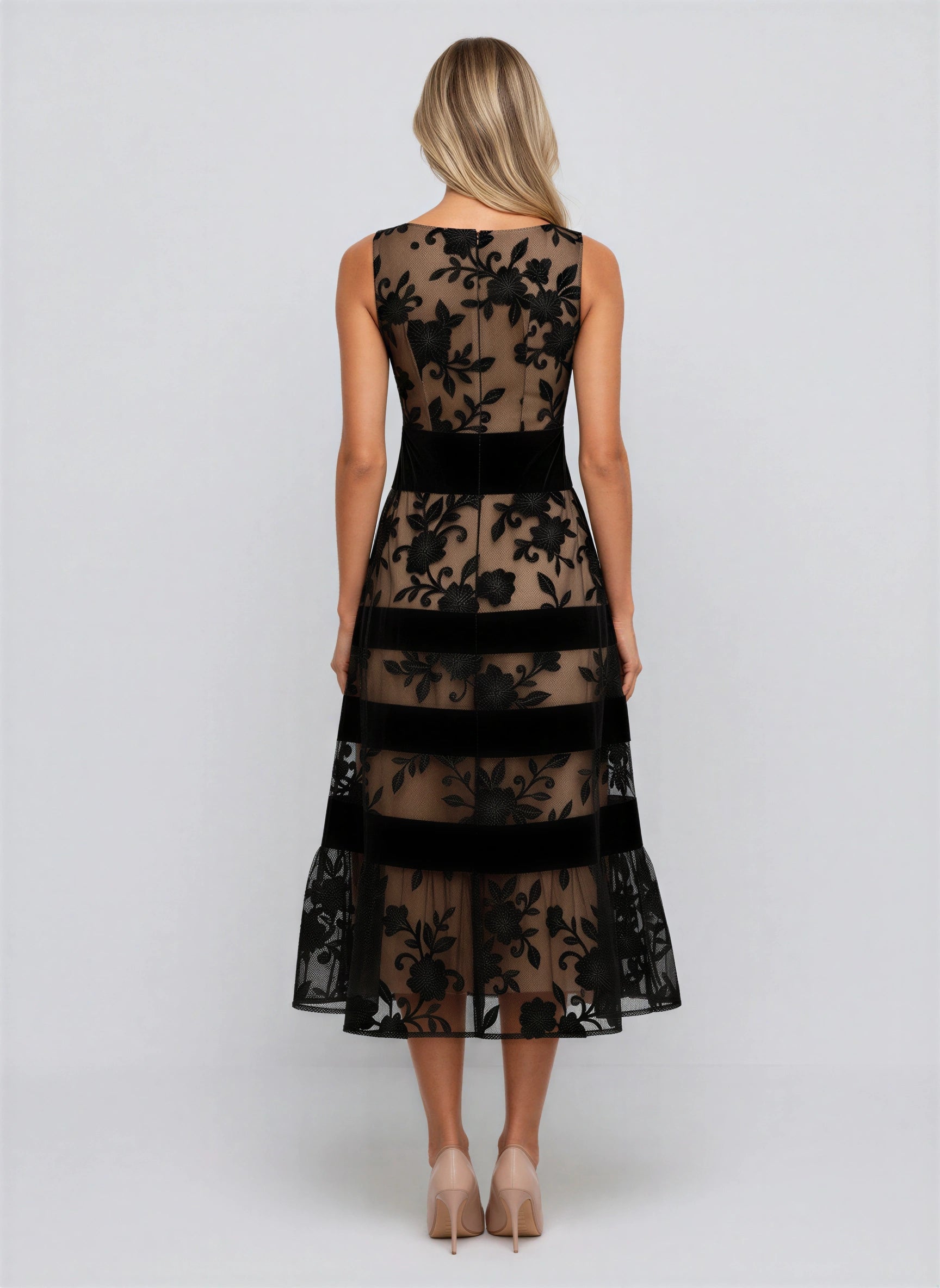 Balisma Velvet-Banded Floral Midi Dress – Sheer Embroidered Mesh Women Formal Evening Wedding Guest Midi Dress