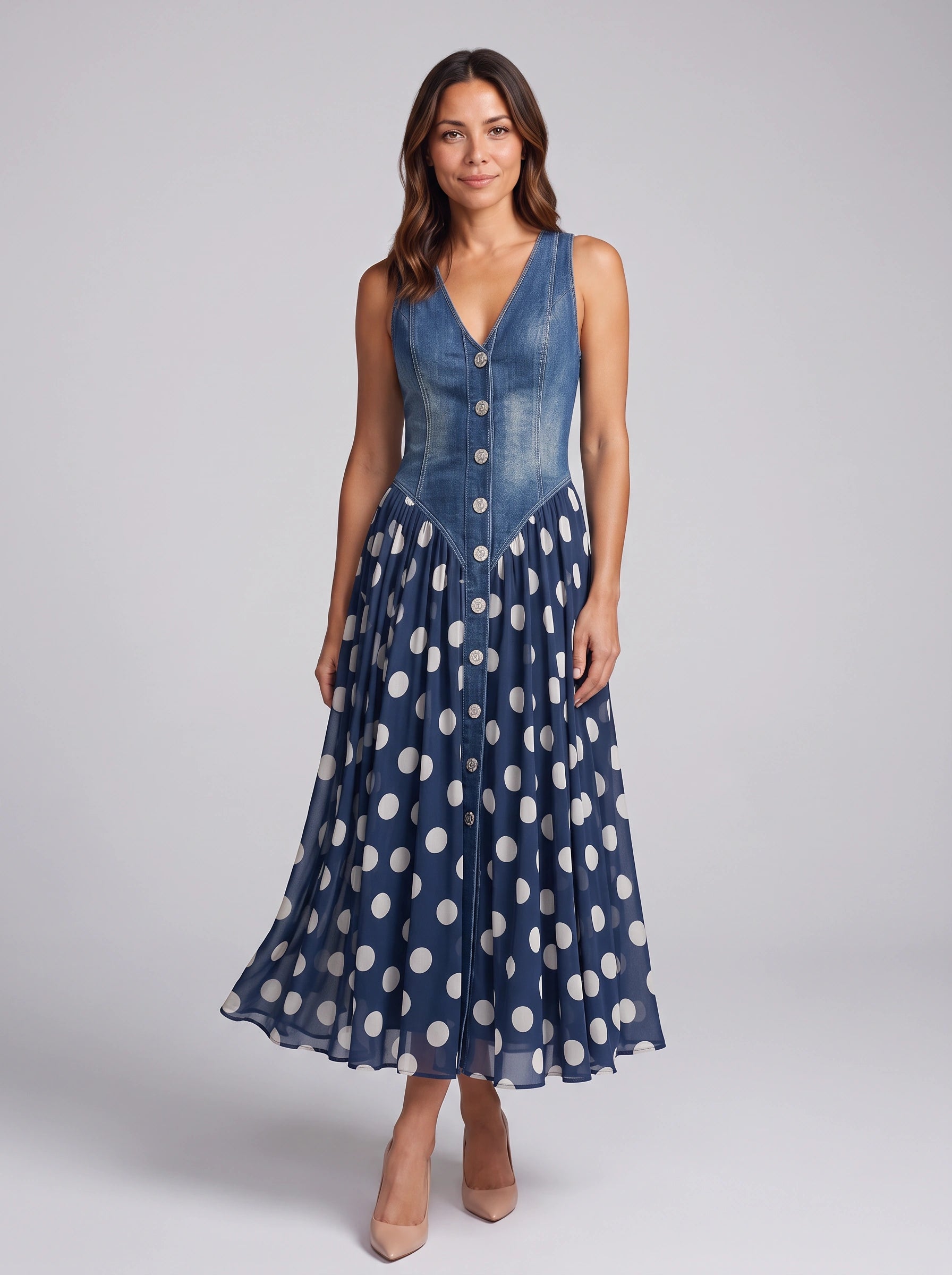Pontella Denim Bodice Midi Dress – Polka Dot Button Front Women Cocktail Formal Wedding Guest Midi Dress