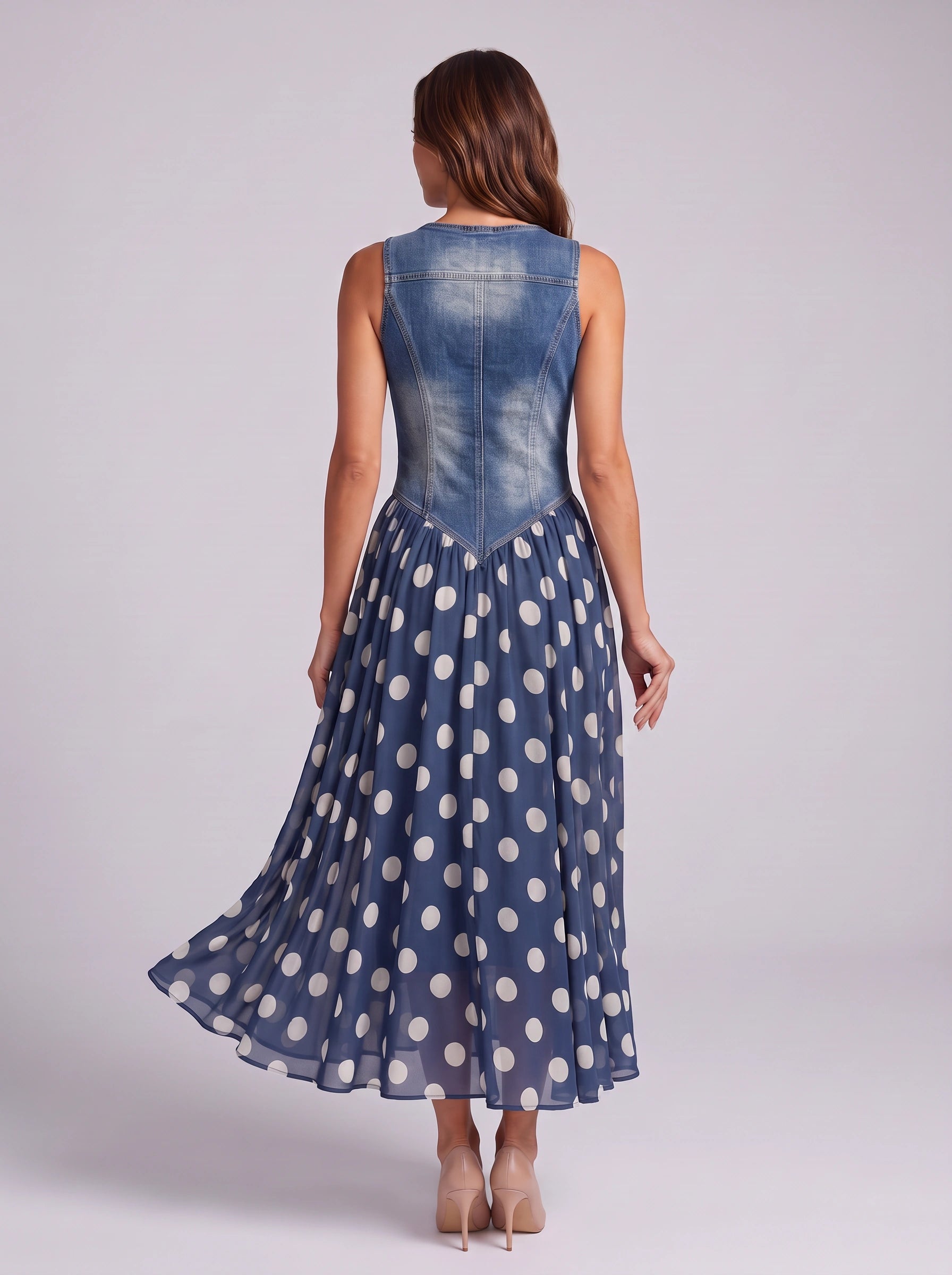 Pontella Denim Bodice Midi Dress – Polka Dot Button Front Women Cocktail Formal Wedding Guest Midi Dress