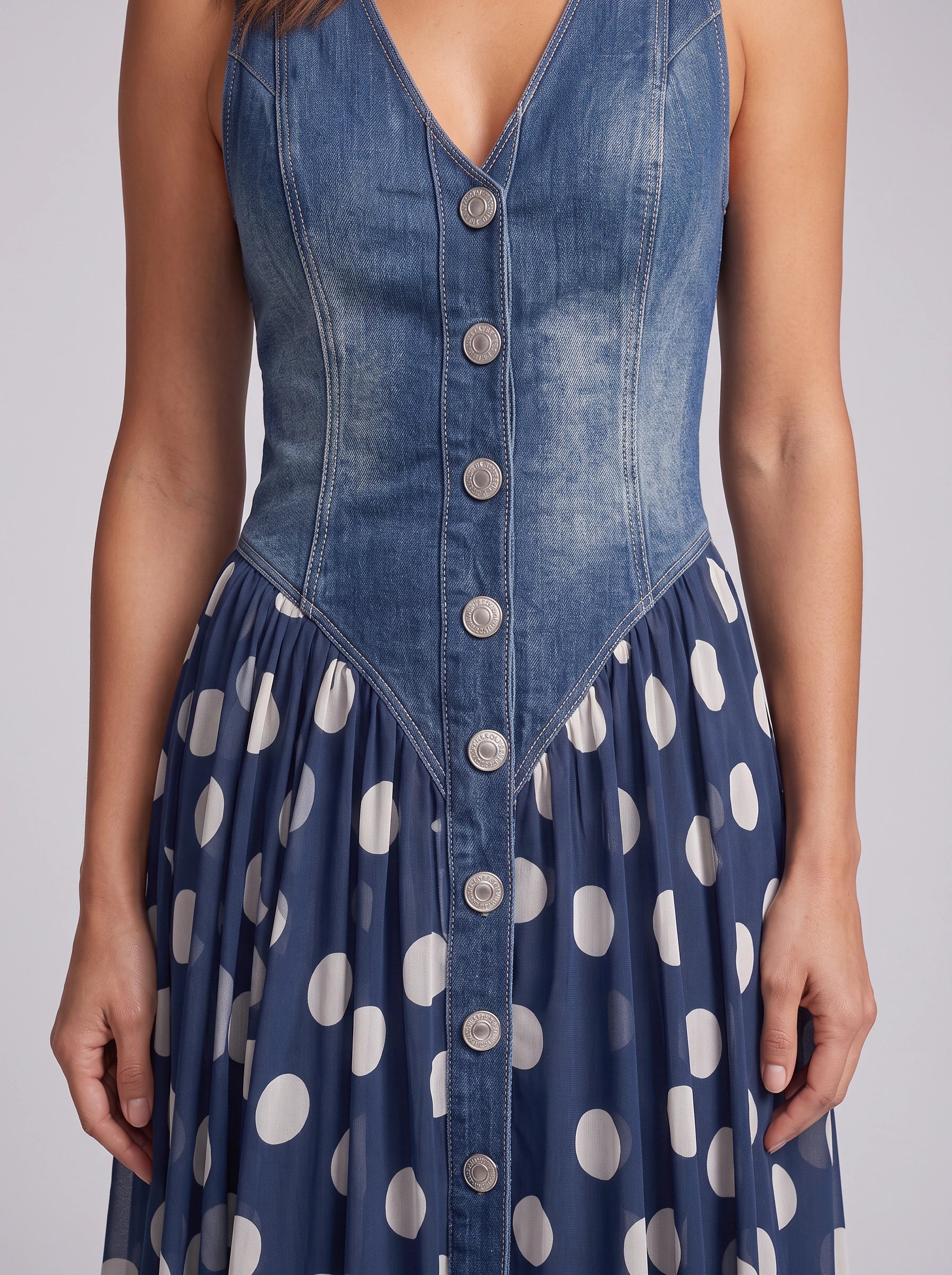Pontella Denim Bodice Midi Dress – Polka Dot Button Front Women Cocktail Formal Wedding Guest Midi Dress