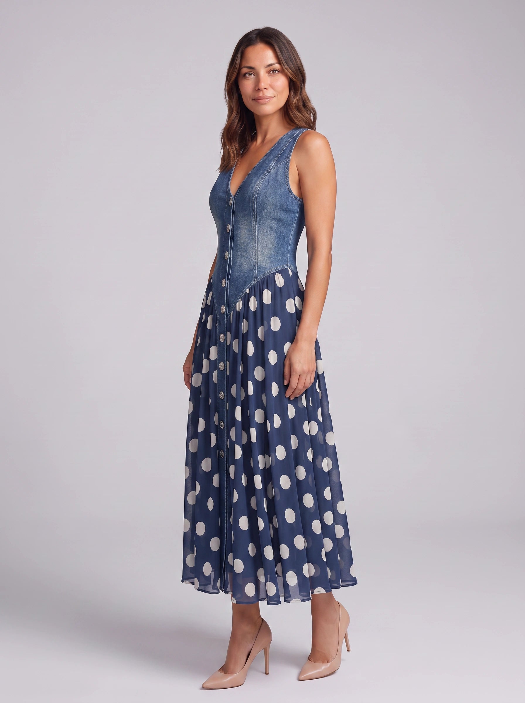 Pontella Denim Bodice Midi Dress – Polka Dot Button Front Women Cocktail Formal Wedding Guest Midi Dress